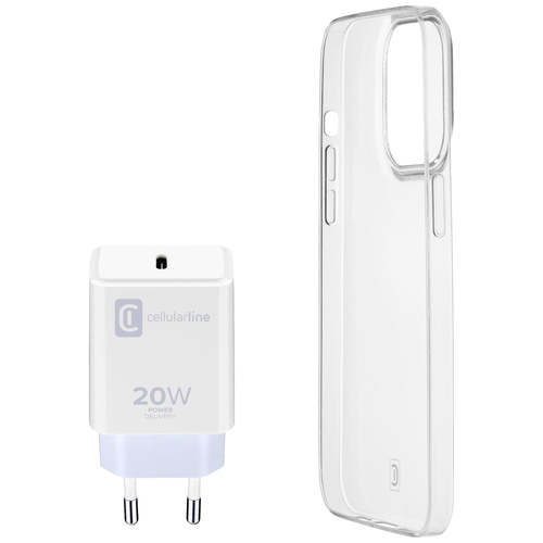 Cellularline Starter Kit Charger+Case Handy Ladegerät iPhone 14 Pro USB-C® Transparent, Weiß
