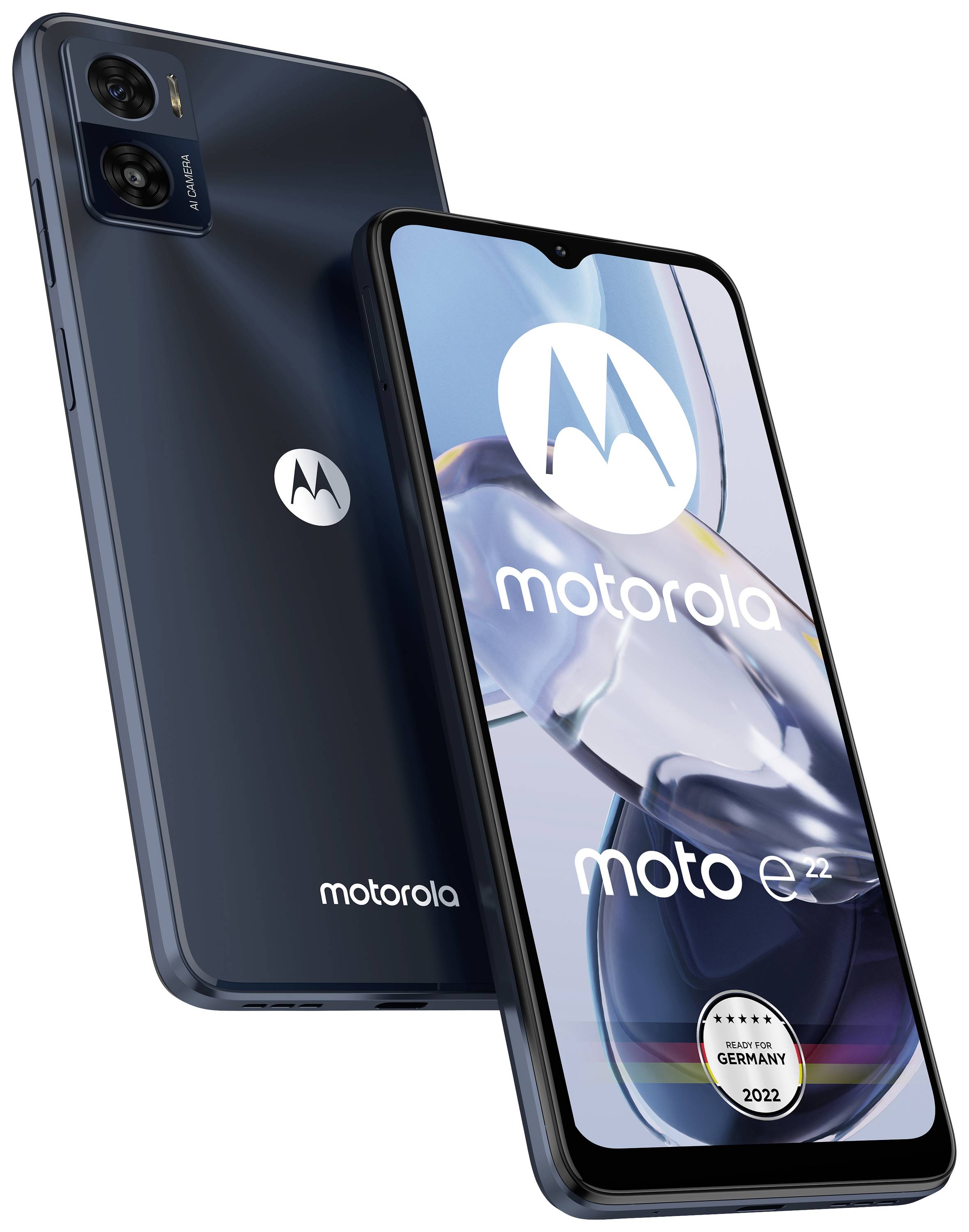 Zwei dunkelblaue Motorola moto e22 Smartphones. Der Bildschirm des vorderen Geräts zeigt das Motorola-Logo und den Text 'Germany 2022'.