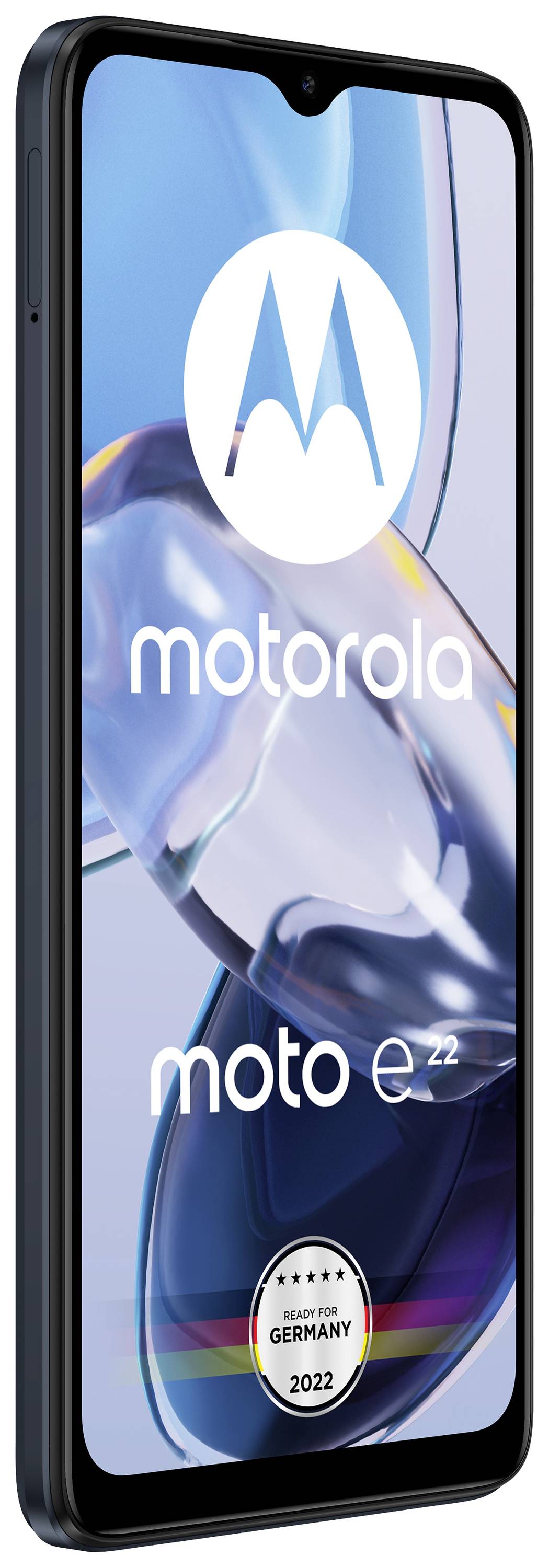 Smartphone 'Motorola Moto E22' mit glänzendem Display. Sichtbar ist das Motorola-Logo und ein Gewinner-Emblem für Deutschland 2022.