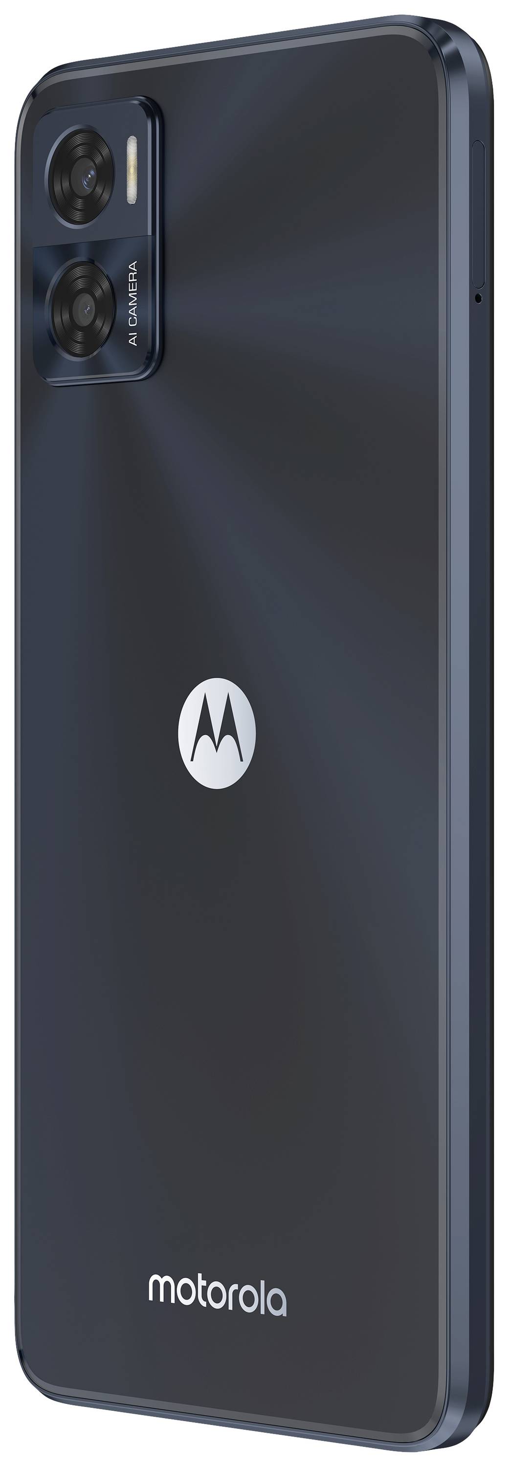 Ein modernes Smartphone von Motorola in Dunkelblau, Rückseite mit zwei Kameralinsen und dem Motorola-Logo in der Mitte.