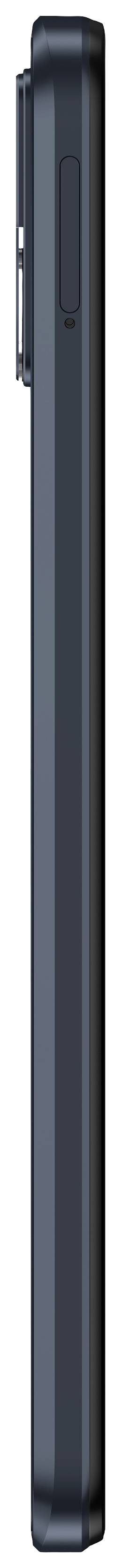 Ein schwarzes Mobiltelefon von der Seite. Die Rückkamera ist leicht sichtbar.