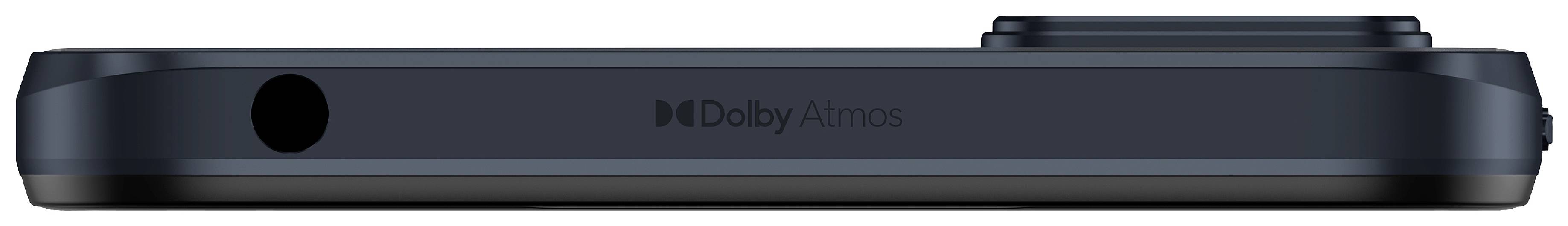 Oberseite eines schwarzen Smartphones mit Dolby Atmos-Logo, zeigt Kamera und Mikrofonöffnung.