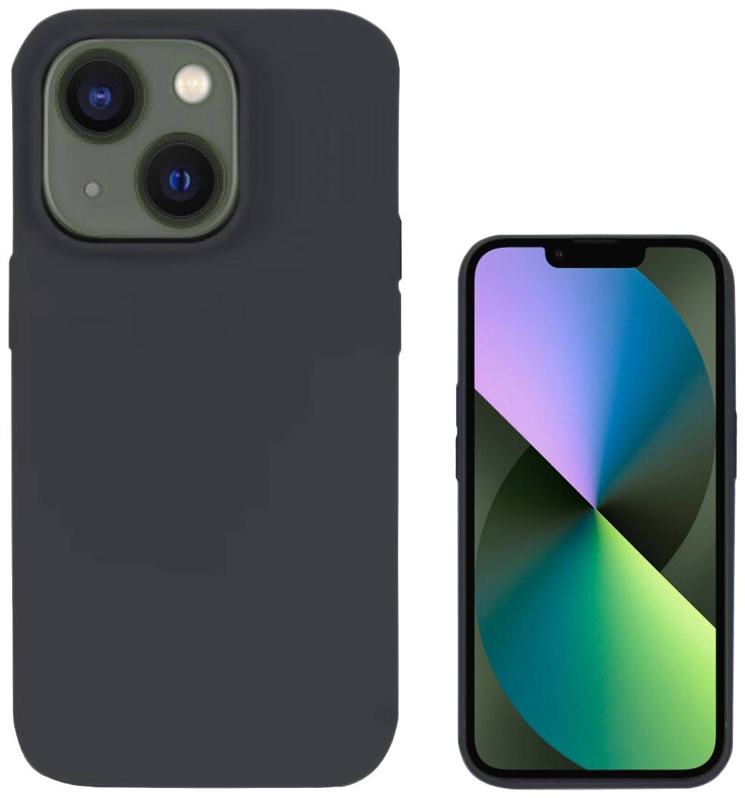 Smartphone mit schwarzer Hülle, Display zeigt geometrisches, buntes Muster. Rückseite mit Dual-Kamera sichtbar.