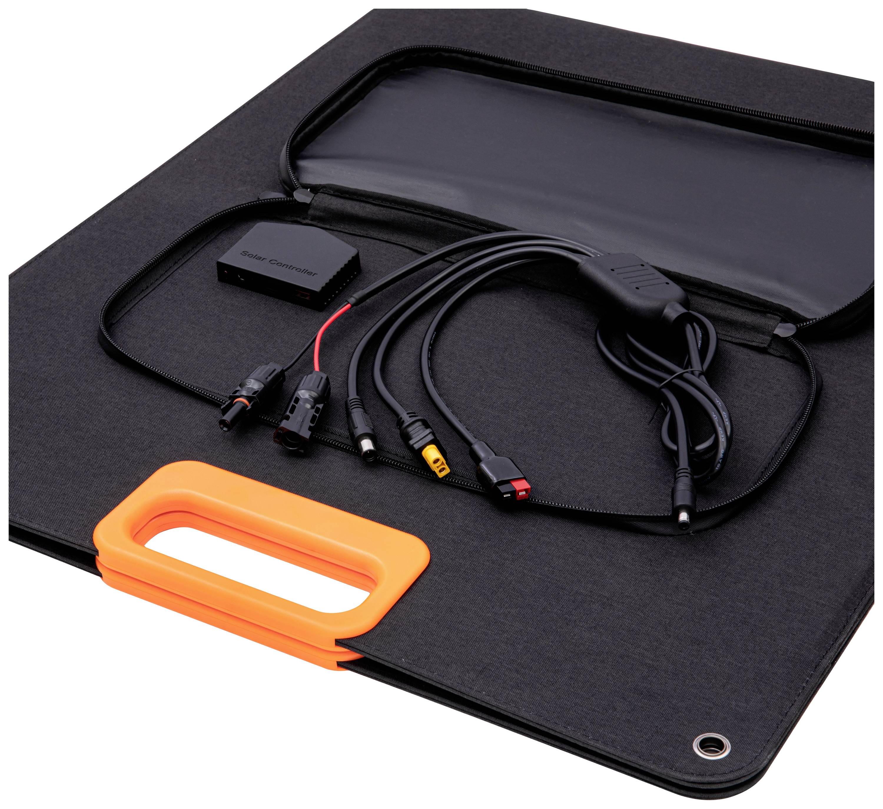 Tragbares Solarpanel mit verschiedenen Kabeln und Anschlüssen im Inneren, geeignet für mobiles Laden und Energienutzung unterwegs.