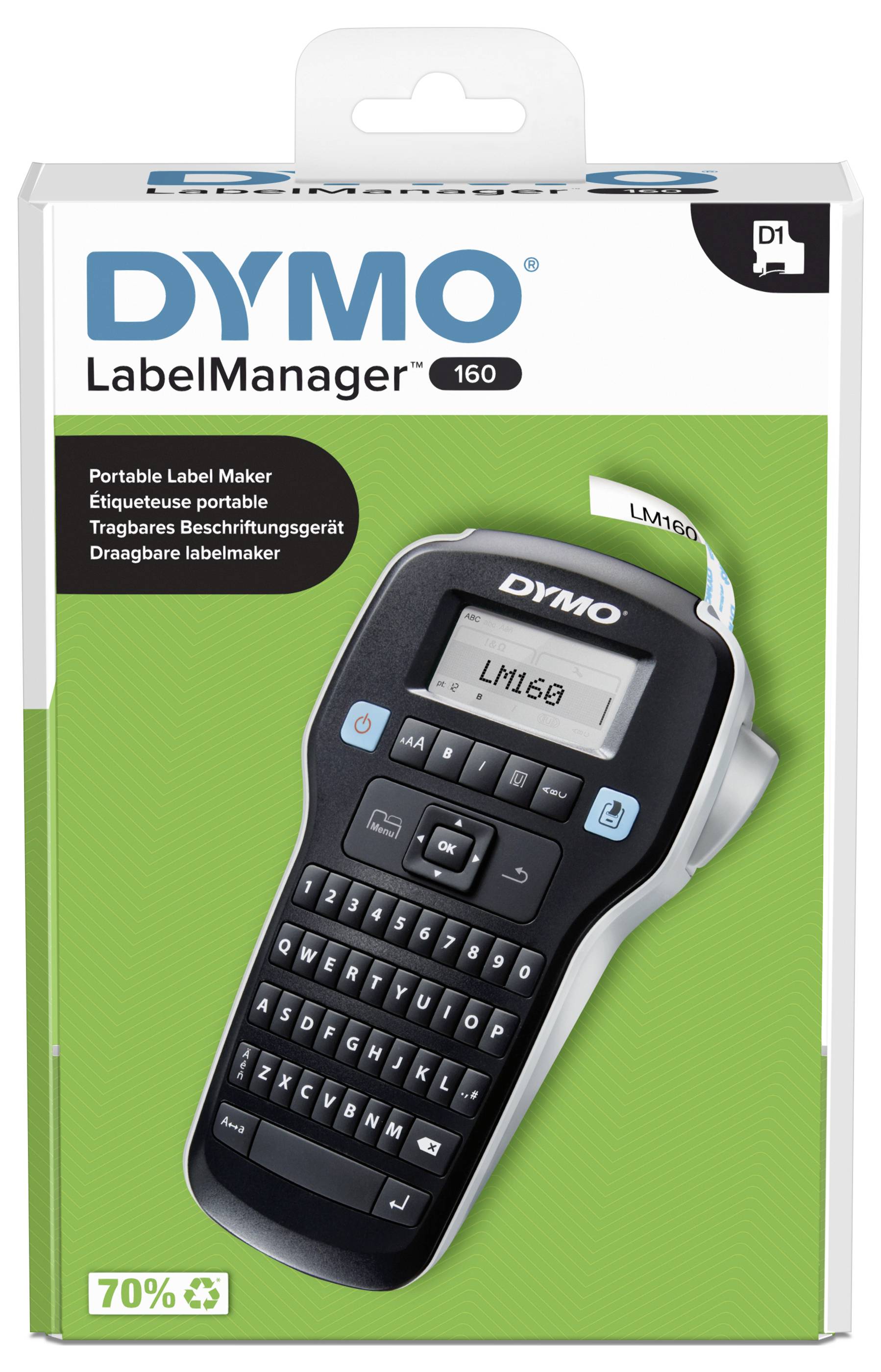 'DYMO LabelManager 160', tragbares Beschriftungsgerät auf grünem Hintergrund abgebildet. Verpackung zeigt Gerät mit digitalem Display und Tastatur.
