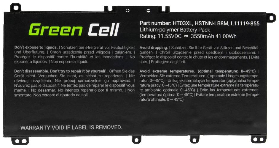 Lithium-Polymer-Batterie von Green Cell, 11,55 V, 3550 mAh, mit Warnhinweisen zu Temperatur und Reparatur. Modellnummer HT03XL.