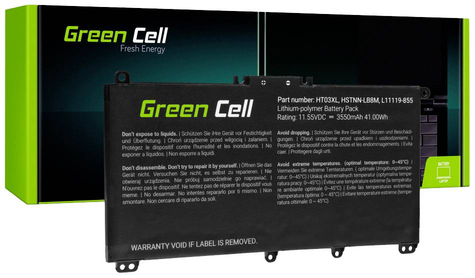 Akkupack Green Cell Lithium-Polymer 11,55V, 3550mAh, 41,0Wh. Enthält Sicherheitswarnungen und Hinweise zur Verwendung und Entsorgung. Verpackung im Hintergrund.
