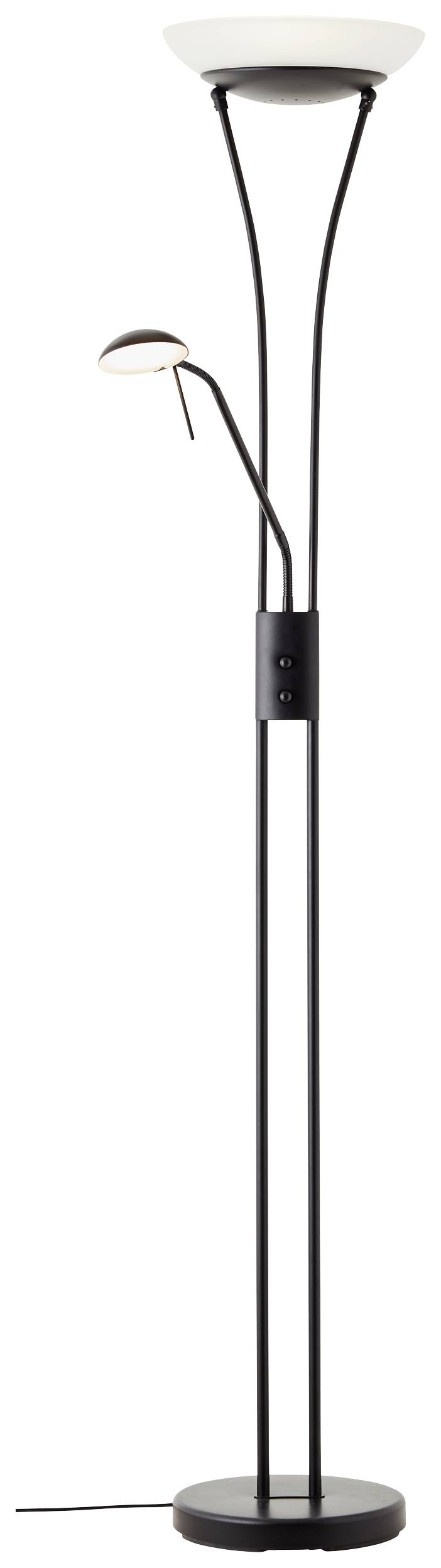 Steh- und Leselampe aus Metall mit gebogenem Design, zwei Lampenschirmen und einem Stromkabel an der Basis.