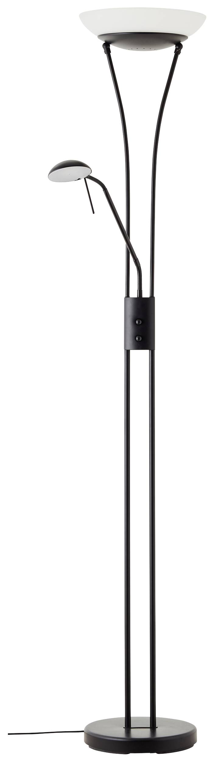 Stehlampe mit zwei Leuchten: eine nach oben gerichtete Hauptleuchte und eine flexible Leselampe, beide in schwarzem Gestell.