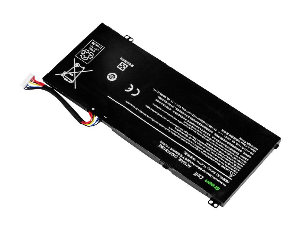 Schwarze Laptop-Batterie mit Warnsymbolen und Sicherheitskennzeichen. Mehrfarbiges Kabelbündel angeschlossen.