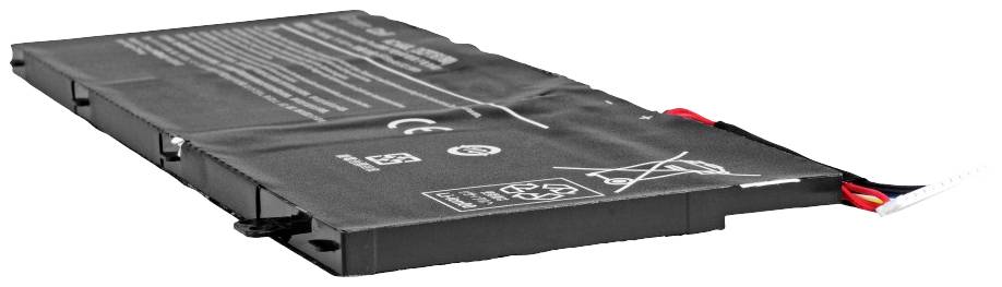 Laptop-Batterie mit Sicherheits- und Recycling-Symbolen, schwarzes Gehäuse, rote und schwarze Kabel; Seitenansicht.