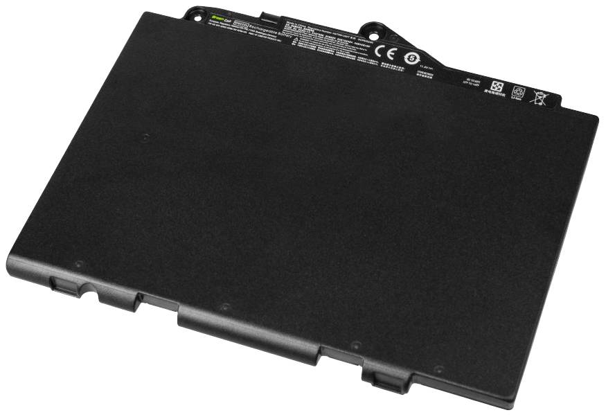 Ein rechteckiger, flacher Laptop-Akku in schwarzer Farbe, mit Anschlusspins an der Seite und aufgedruckten technischen Informationen.
