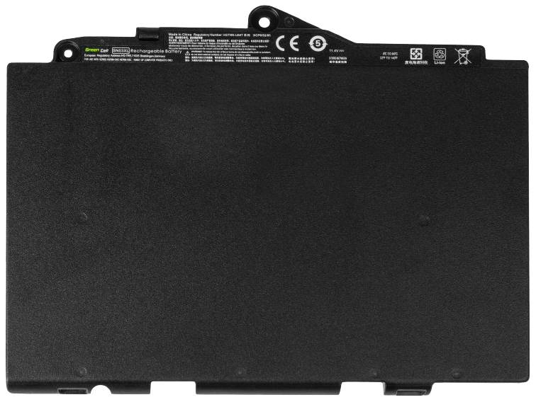 Ein schwarzer, rechteckiger Laptop-Akku mit sichtbaren technischen Details und Symbolen oben.