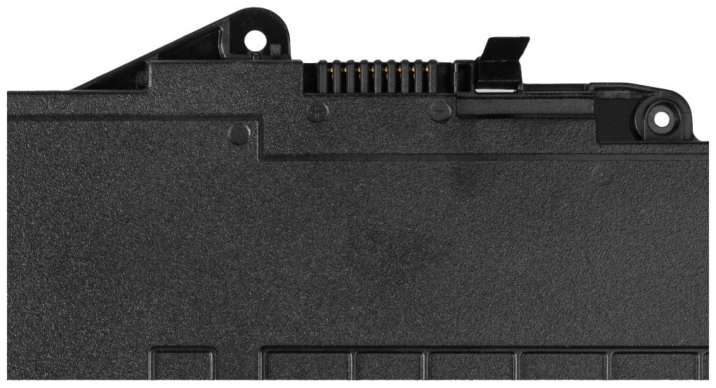 Ein schwarzer Laptop-Akku mit Anschlusskontakten oben in einem rechteckigen Gehäuse.