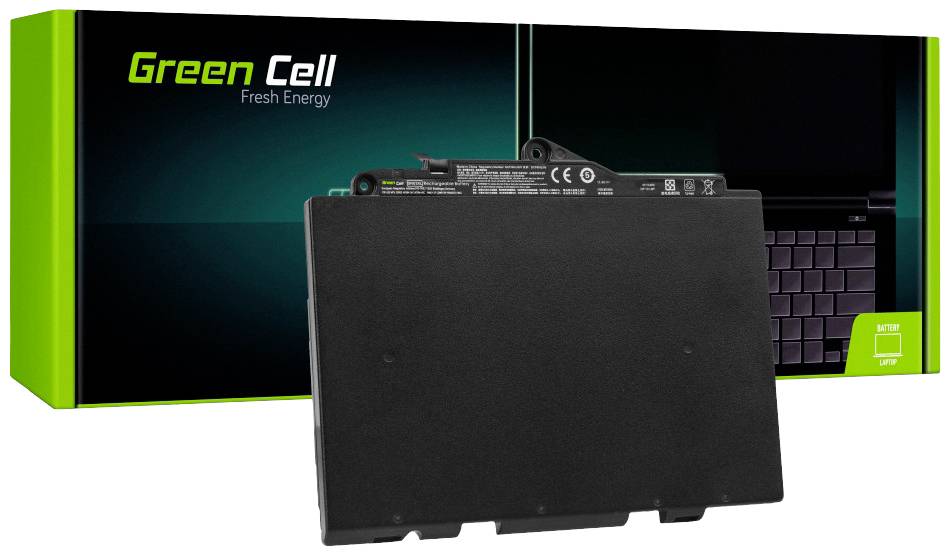 Laptop-Akku vor einer Verpackung mit der Aufschrift Green Cell Fresh Energy.