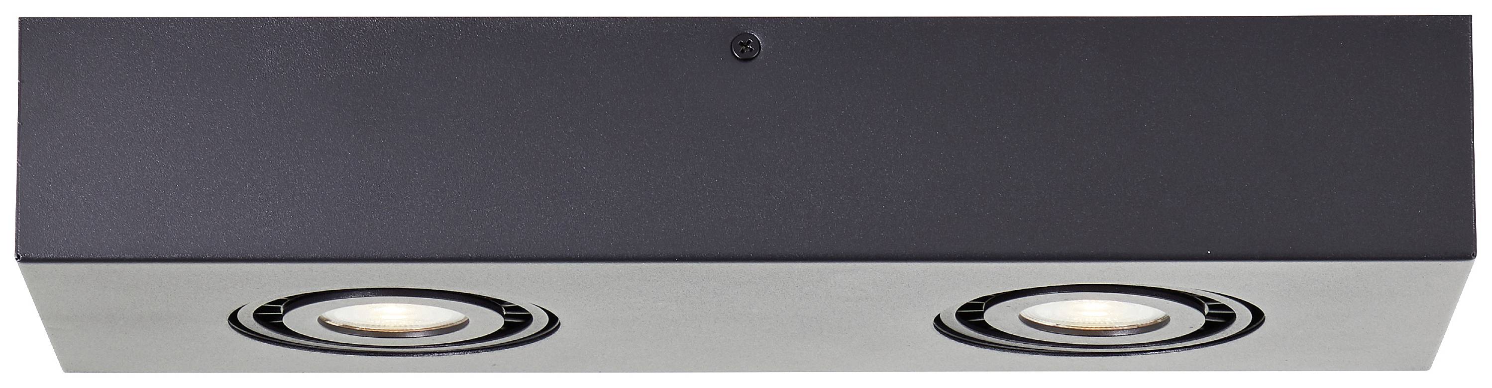 Schwarze rechteckige Deckenleuchte mit zwei runden, eingebauten LED-Spots.