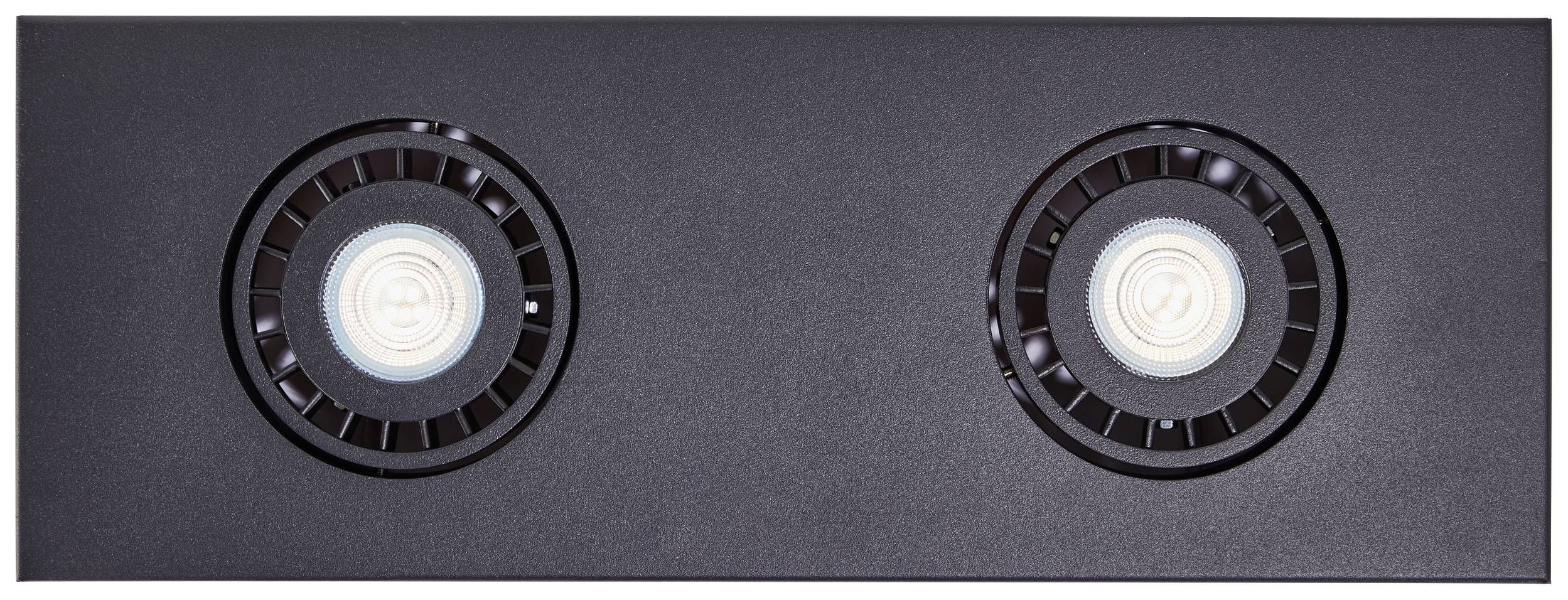 Zwei runde LED-Leuchten auf rechteckiger schwarzer Fläche, symmetrisch nebeneinander angeordnet.