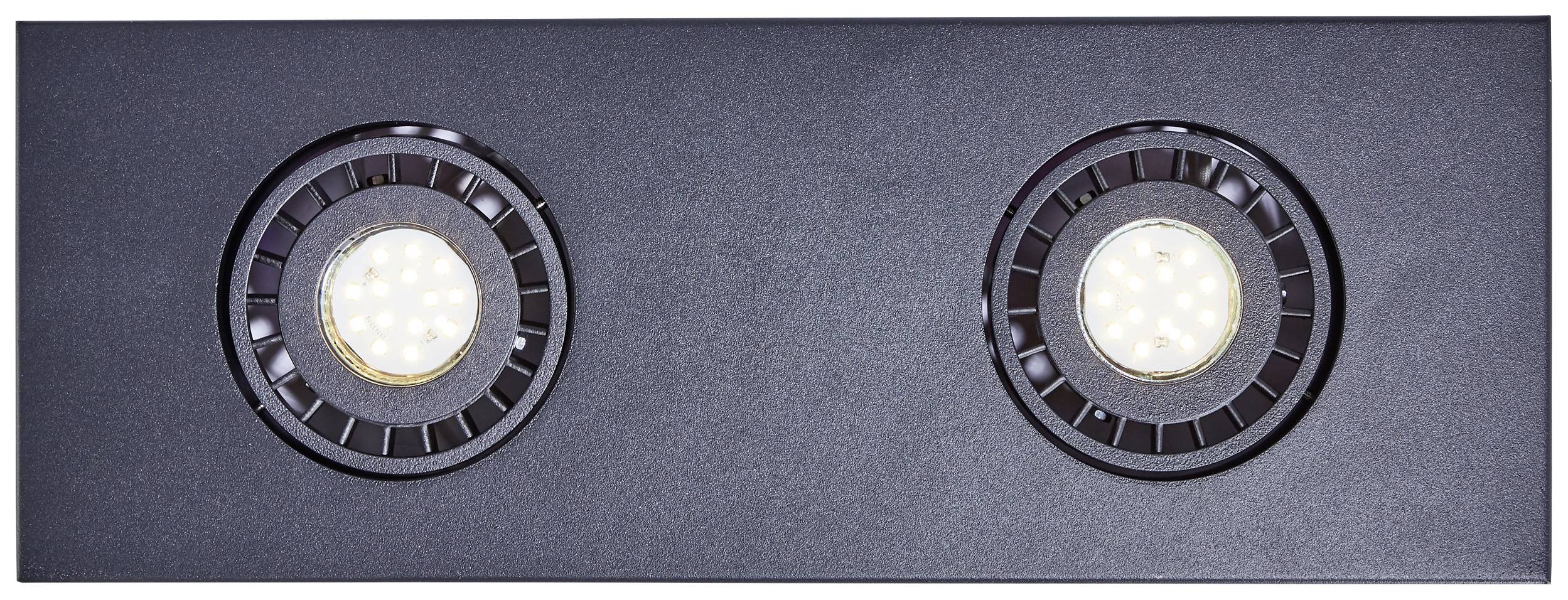 Zwei runde, weiße LED-Leuchten eingebettet in einer rechteckigen, schwarzen Fläche, gleichmäßig angeordnet.