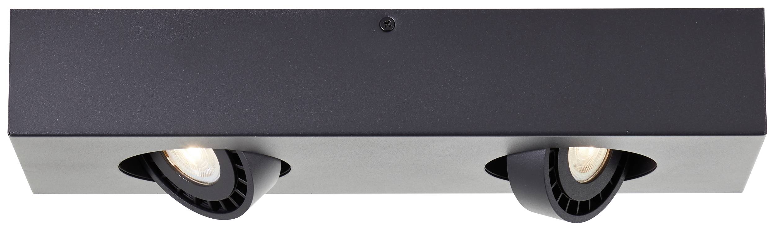 Schwarze rechteckige Deckenleuchte mit zwei verstellbaren Strahlern, beide leuchten nach unten. Minimalistisches Design.