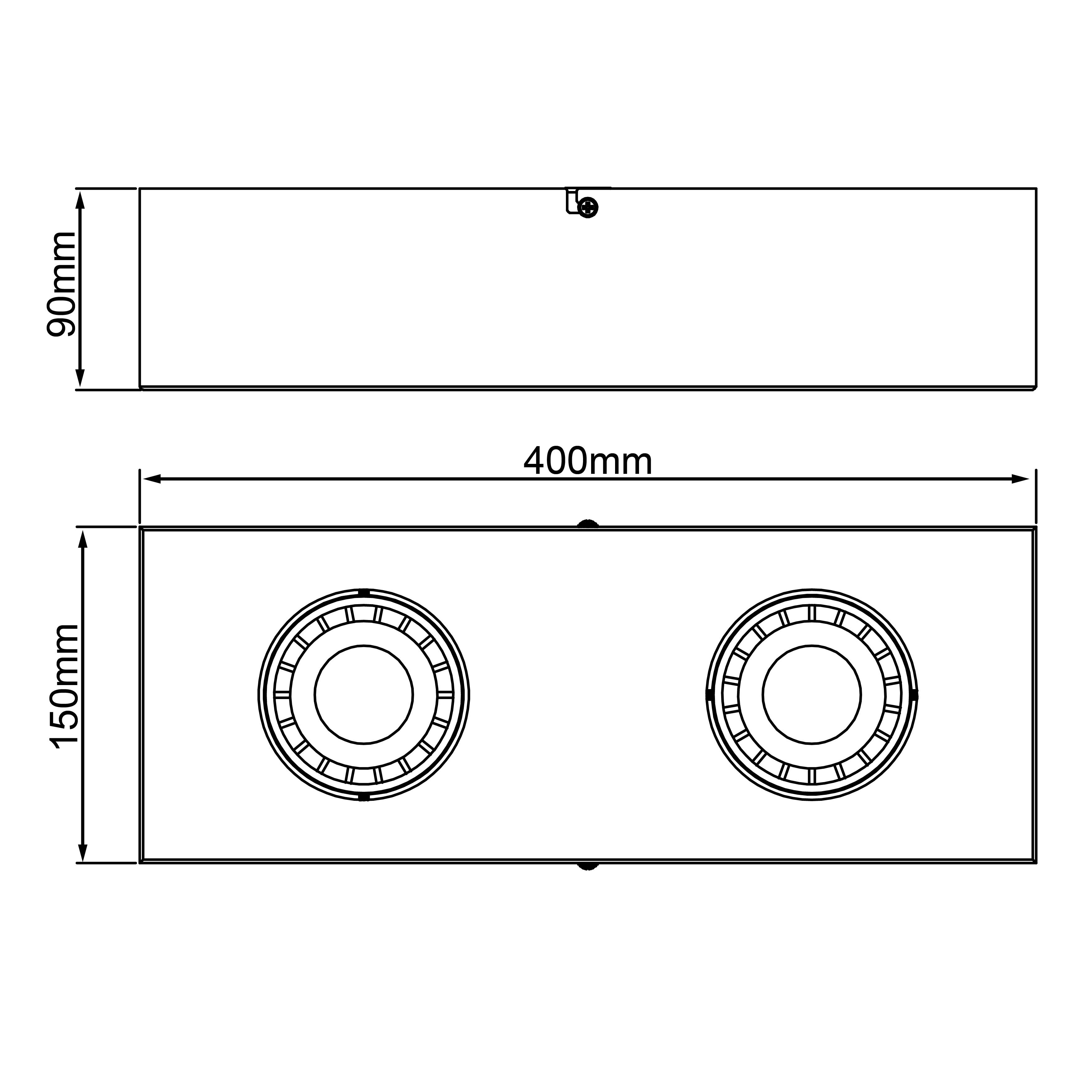 Technische Zeichnung eines rechteckigen Gehäuses mit zwei runden Ausschnitten. Maße: 400mm Länge, 150mm Breite, 90mm Höhe.