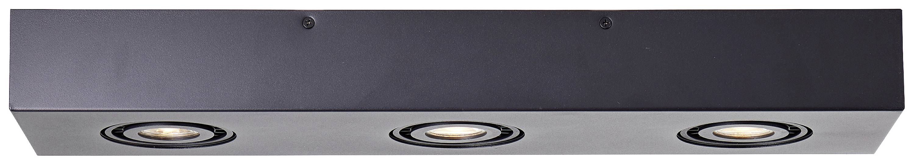 Schwarze Deckenlampe mit drei runden, eingebauten LED-Leuchten in einer geraden Linie.  Ideal für modernes Interieur.