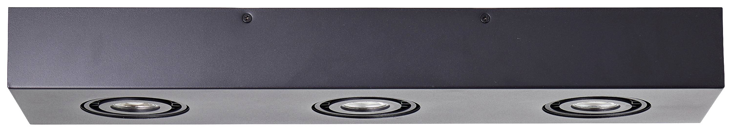 Eine schwarze Deckenleuchte mit drei runden, eingebauten LED-Spots. Ideal zur Beleuchtung von Innenräumen.