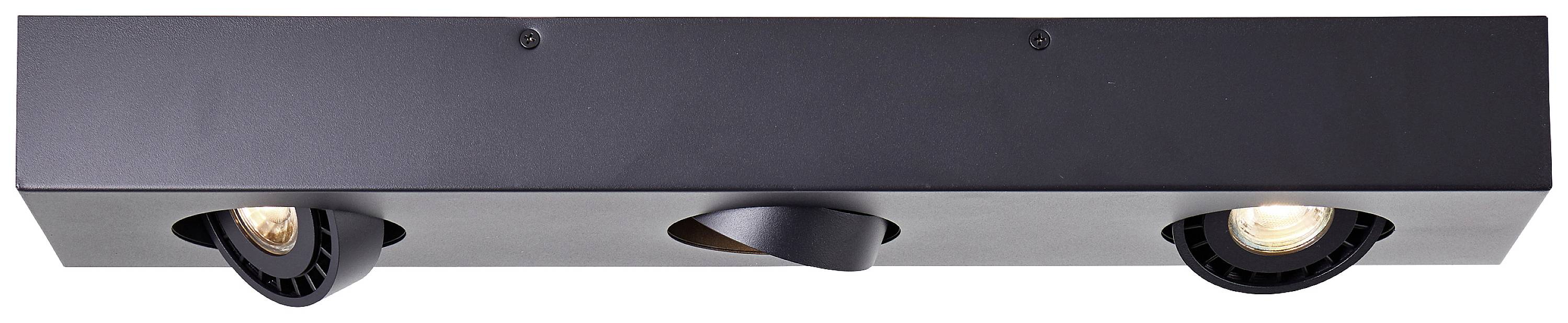 Schwarze Deckenleuchte mit drei verstellbaren Strahlern, die in verschiedene Richtungen zeigen. Ideal für gezielte Beleuchtung.