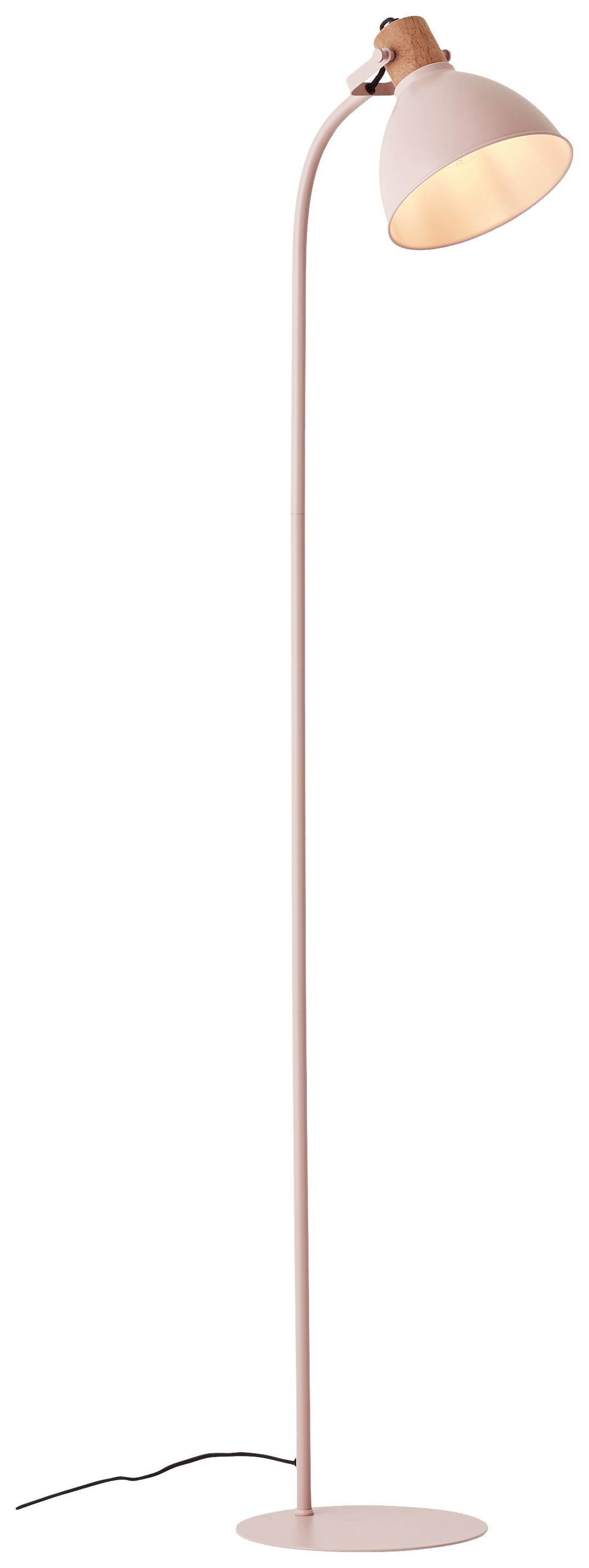 Stehende, rosafarbene Leselampe mit schlankem Design. Der Lampenschirm ist nach unten geneigt, wodurch Licht nach unten abstrahlt.