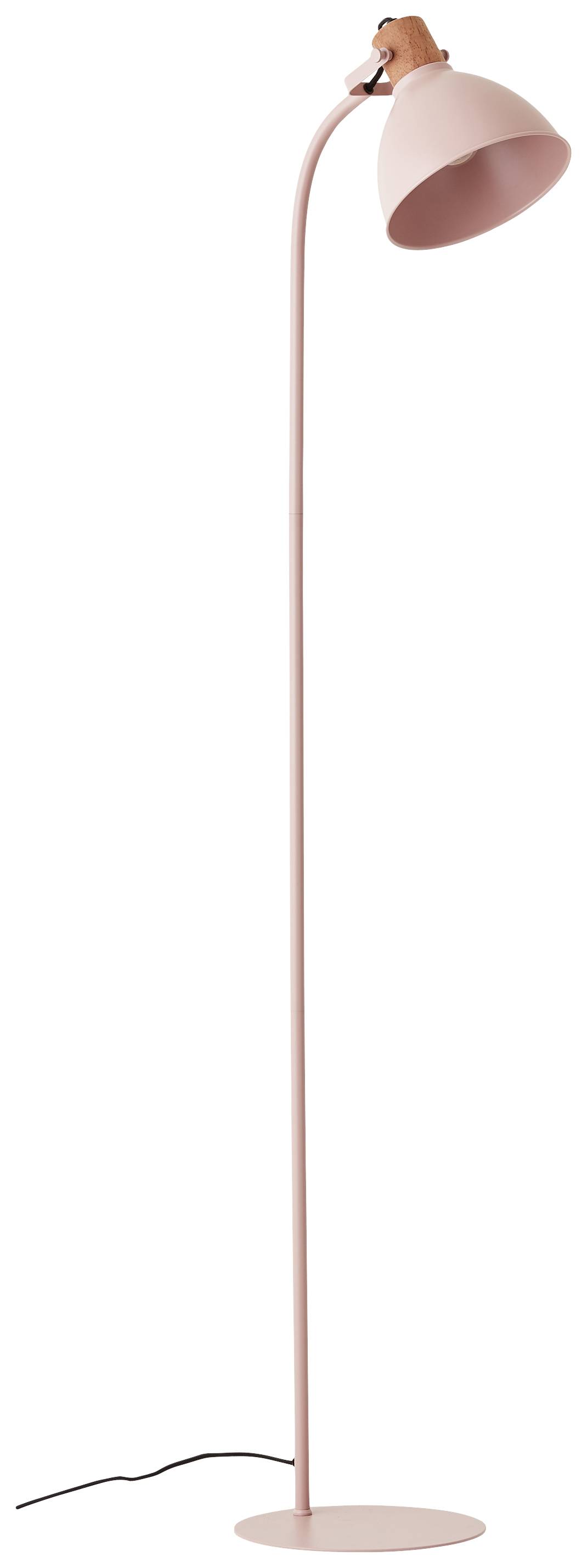 Helle Stehlampe aus rosa Metall mit gebogenem Hals und runder Basis.