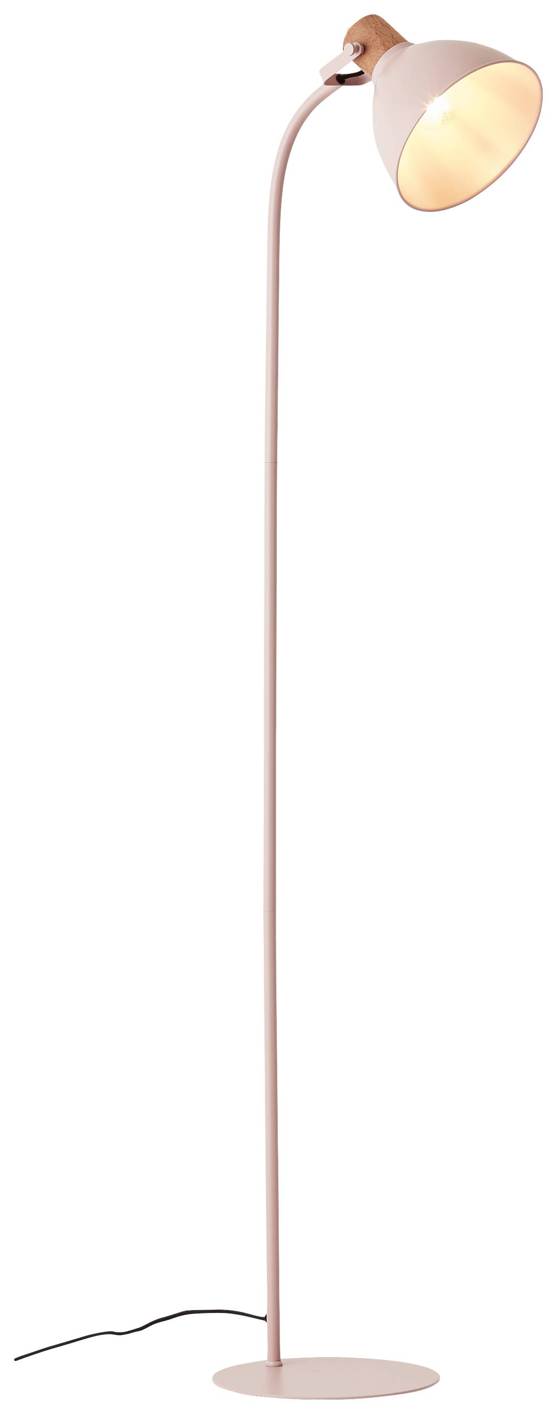 Eine rosa Stehlampe mit gebogenem Hals und rundem Sockel, leuchtet nach unten.