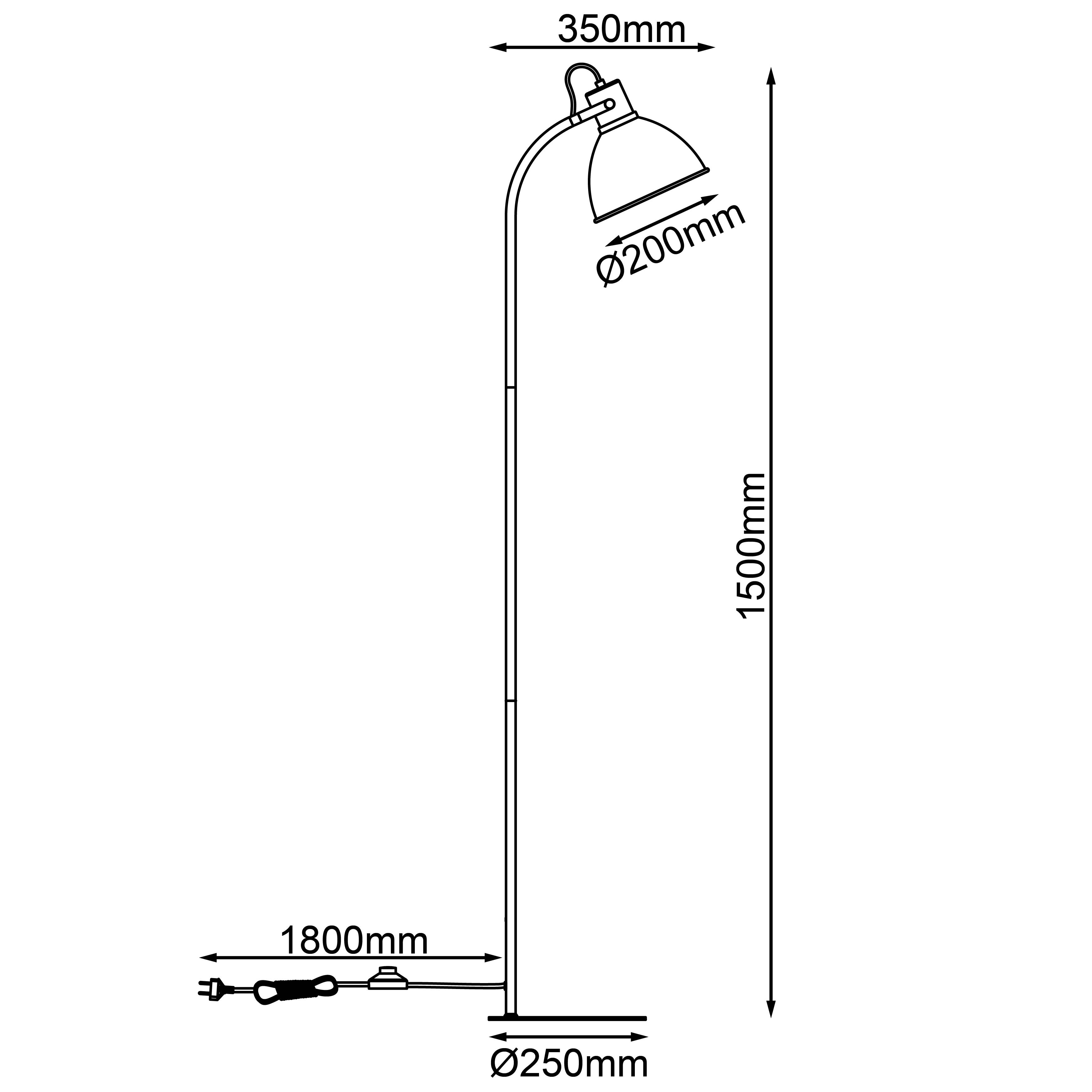 Stehlampe mit gebogenem Hals, 1500 mm hoch. Lampenschirm mit 200 mm Durchmesser, 350 mm Ausladung. Basisdurchmesser 250 mm. Kabel 1800 mm lang.