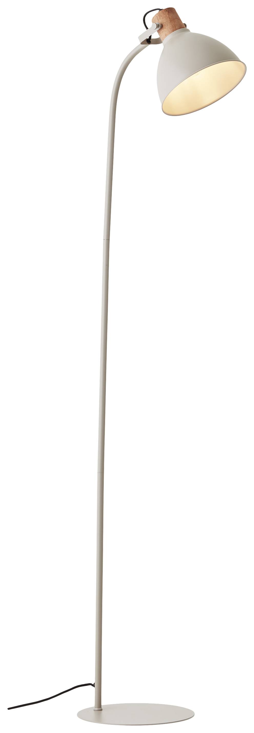 Stehlampe mit schlankem, gebogenem Stiel und hell beleuchtetem Schirm, steht auf rundem Fuß.