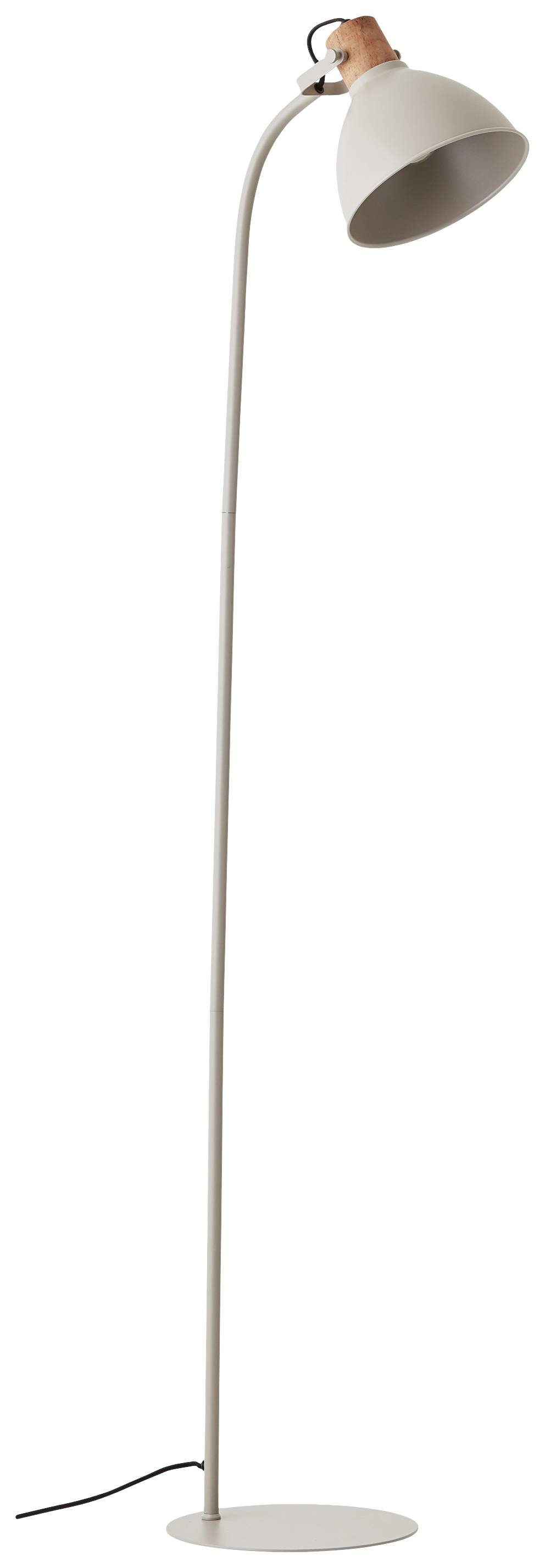 Eine moderne, schlanke Stehlampe mit gebogenem Hals und hellem Lampenschirm auf rundem Sockel. Ideal für Leseecken.