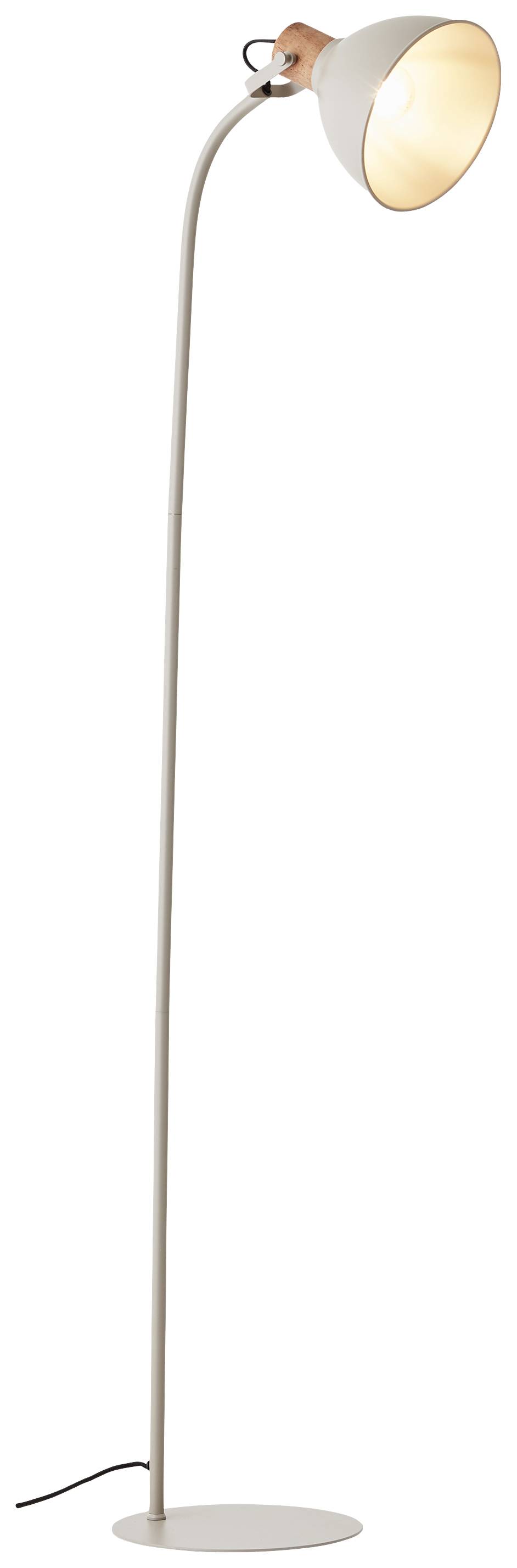 Eine hohe, gebogene Stehlampe mit weißem Schirm steht aufrecht, das Licht strahlt warm nach unten.