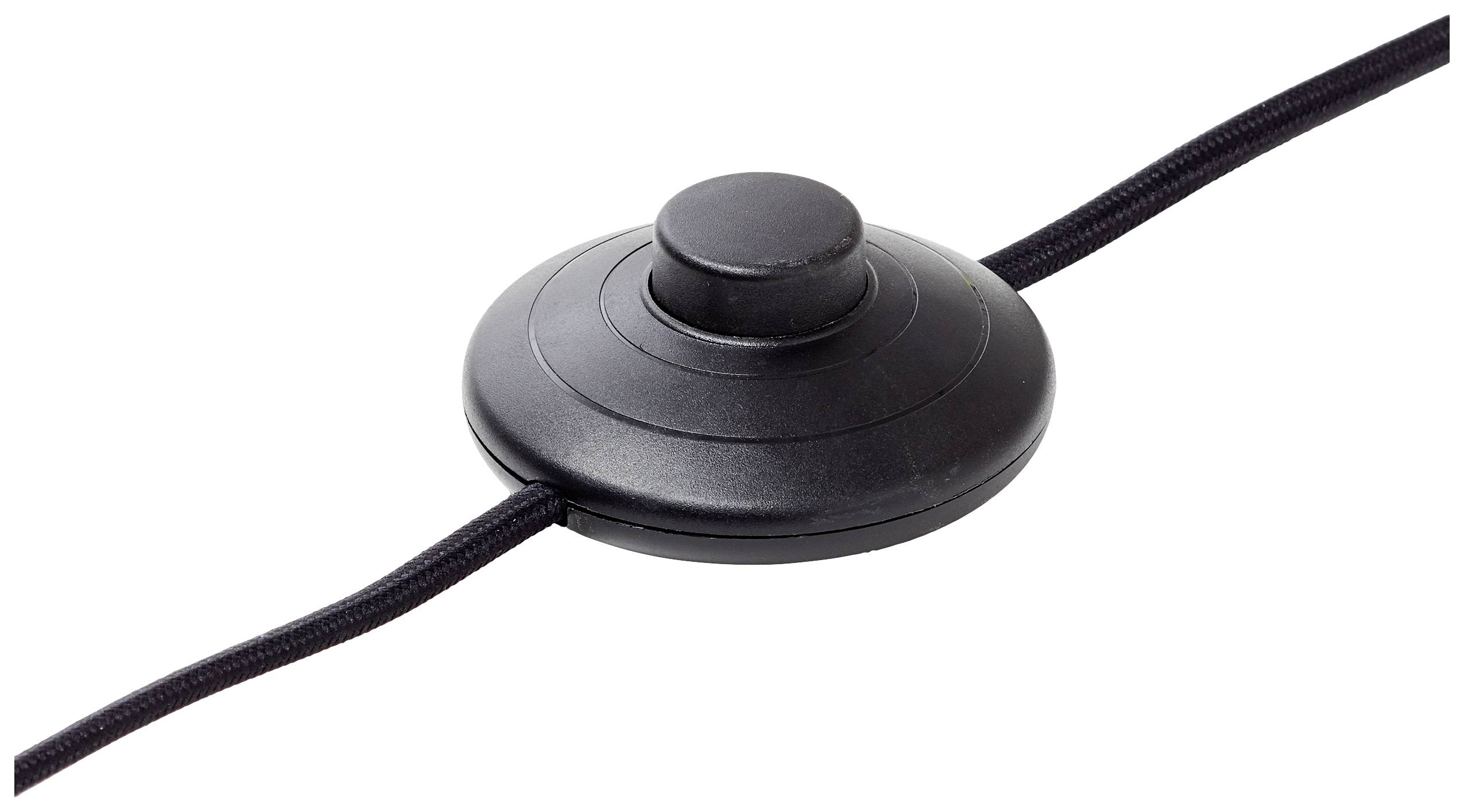 Ein schwarzer runder Fußschalter mit einem Knopf in der Mitte, an dem zwei Kabel angeschlossen sind.