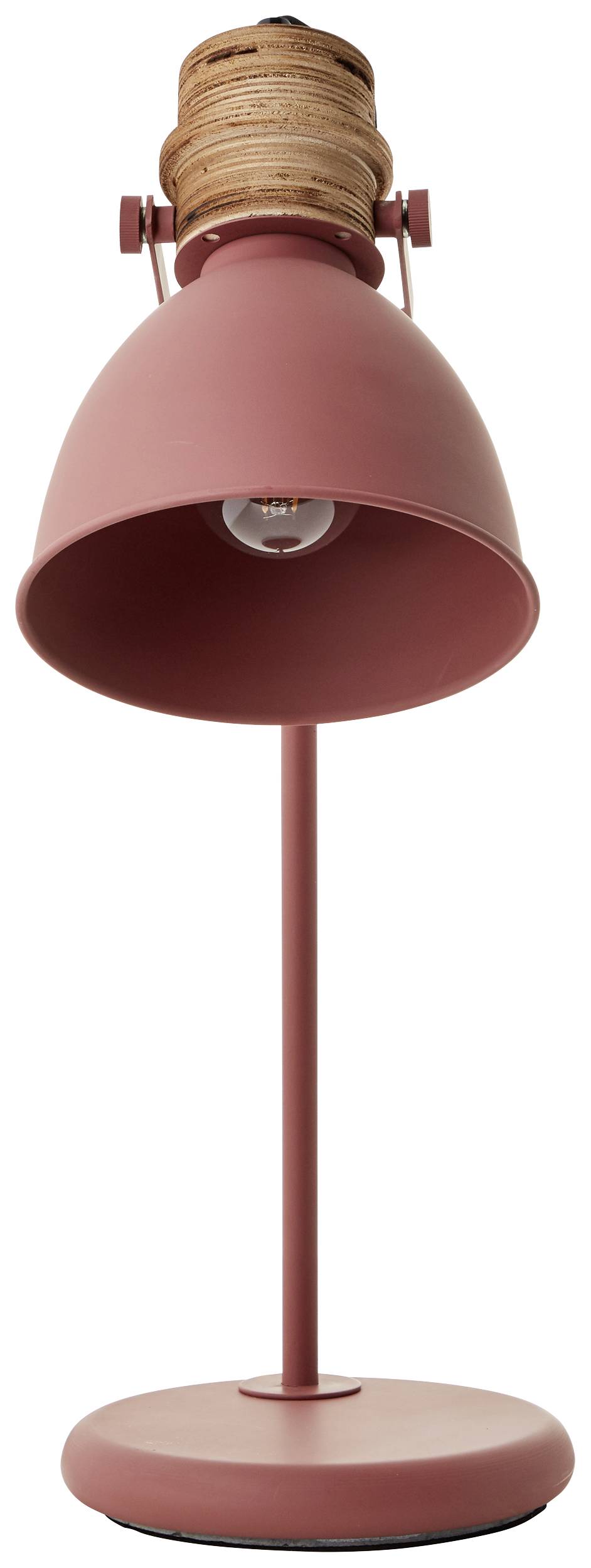 Rosa Tischlampe mit rundem Sockel und kegelförmigem Schirm, ideal für modernes Interieur.