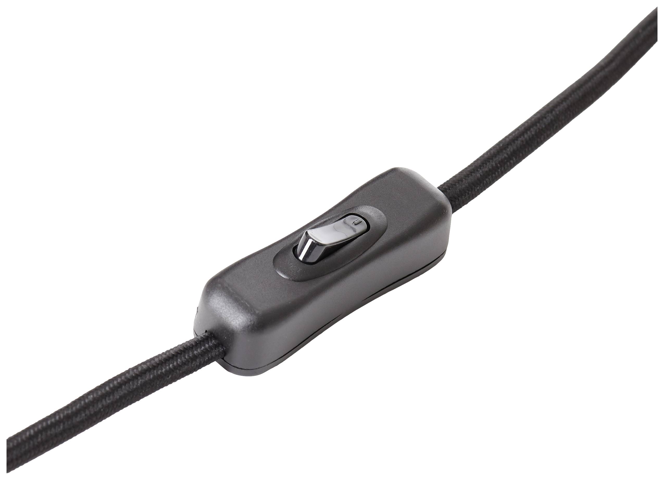 Schwarzer Kippschalter an einem Kabel, zeigt die Position 'an' oder 'aus' für elektronische Geräte.