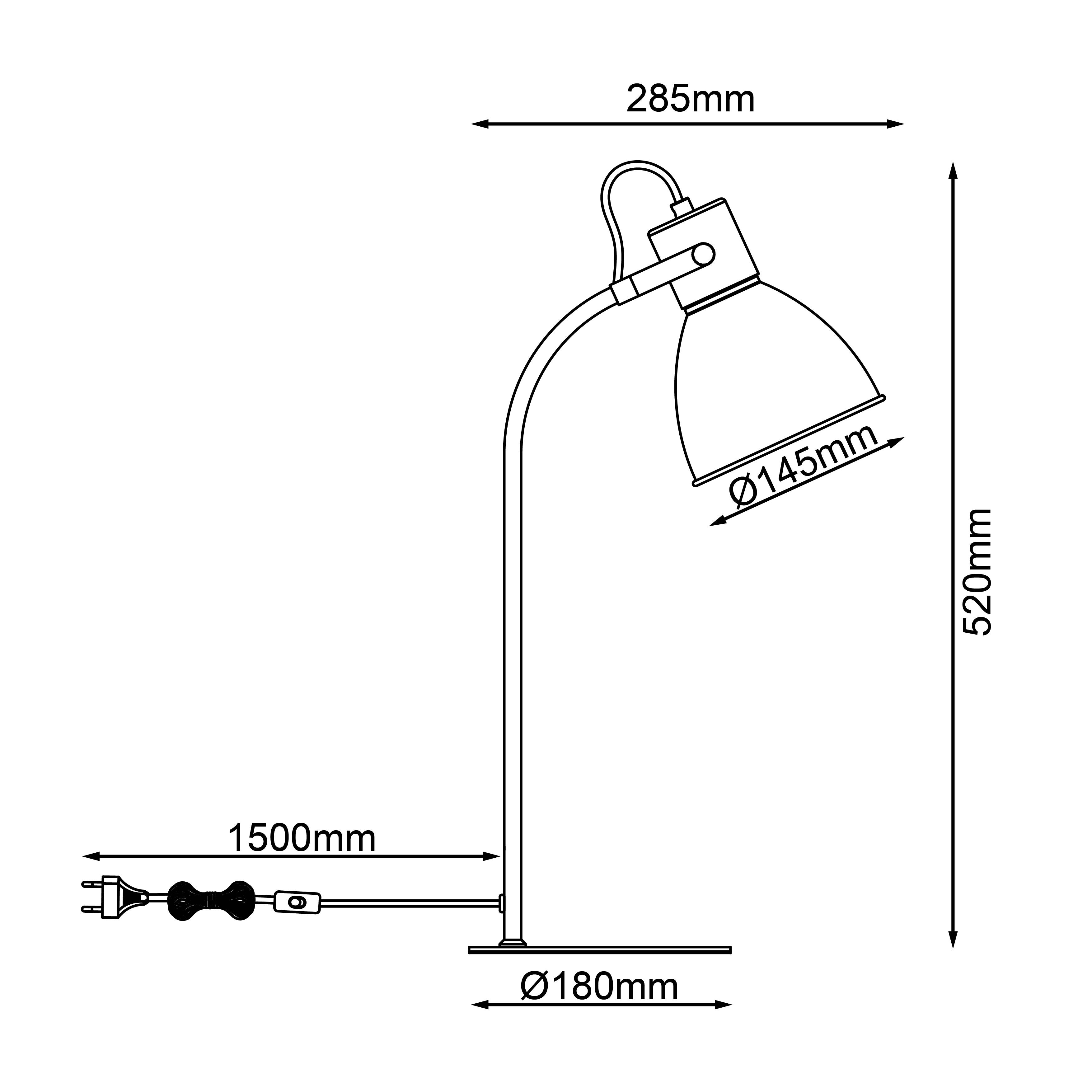 Technische Zeichnung einer Tischlampe mit Kabel und Steckdose. Maße: Gesamthöhe 520 mm, Lampenschirm Ø145 mm, Basis Ø180 mm, Kabel 1500 mm.