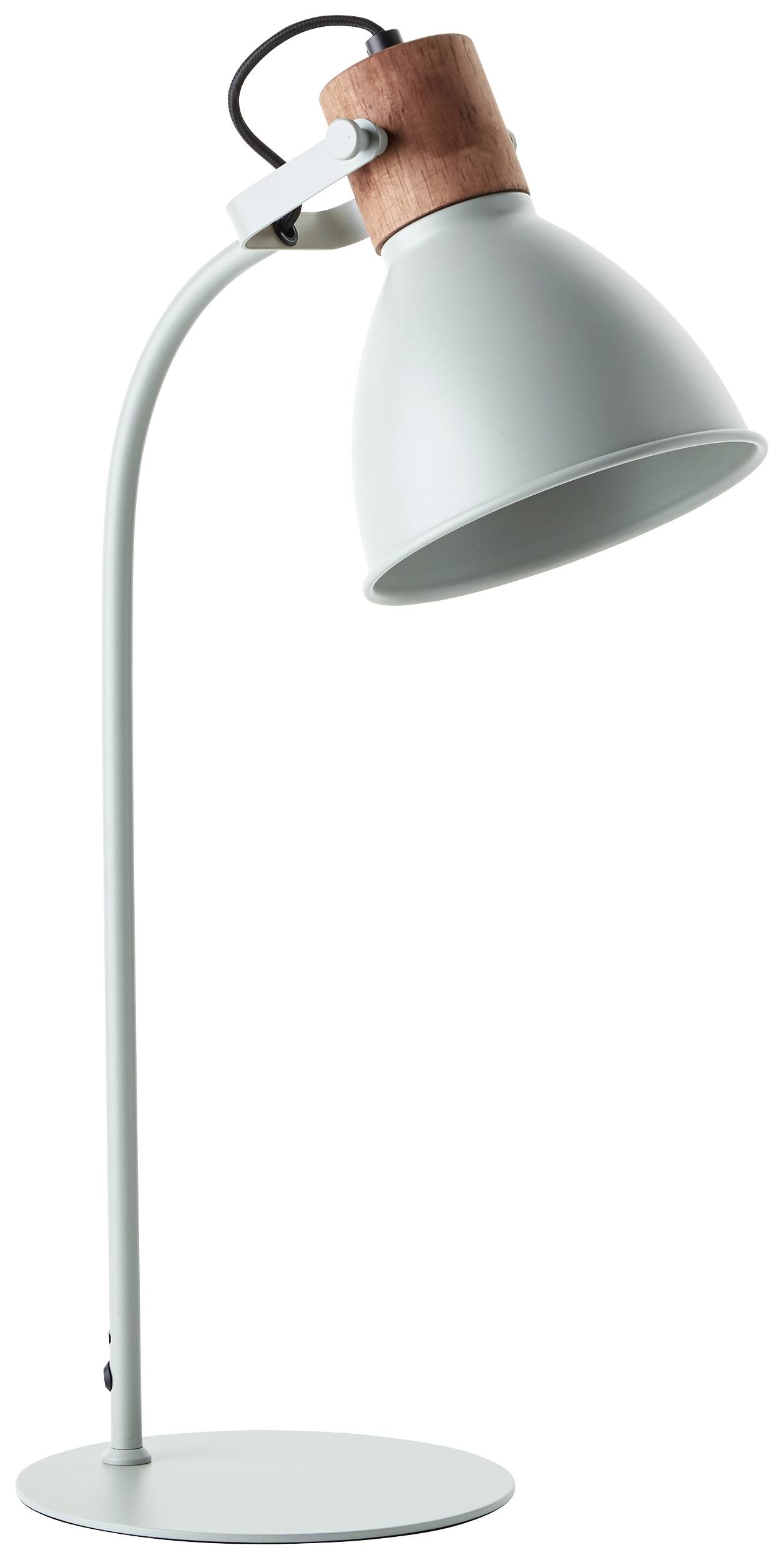 Moderne Tischlampe aus Metall mit gewölbtem Schirm und Holzdetail am Hals.
