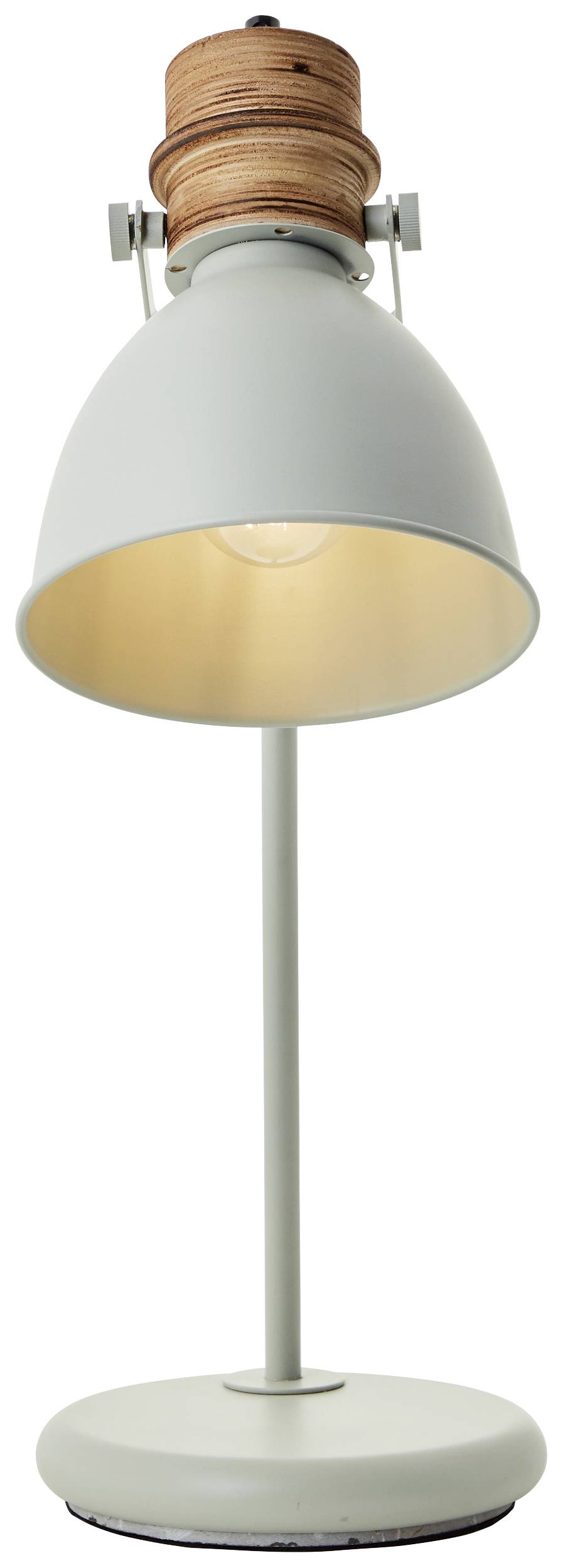 Weiße Tischlampe mit hölzernem Detail oben, aufrecht auf einem runden Sockel stehend. Schlichtes Design mit kegelartigem Schirm.