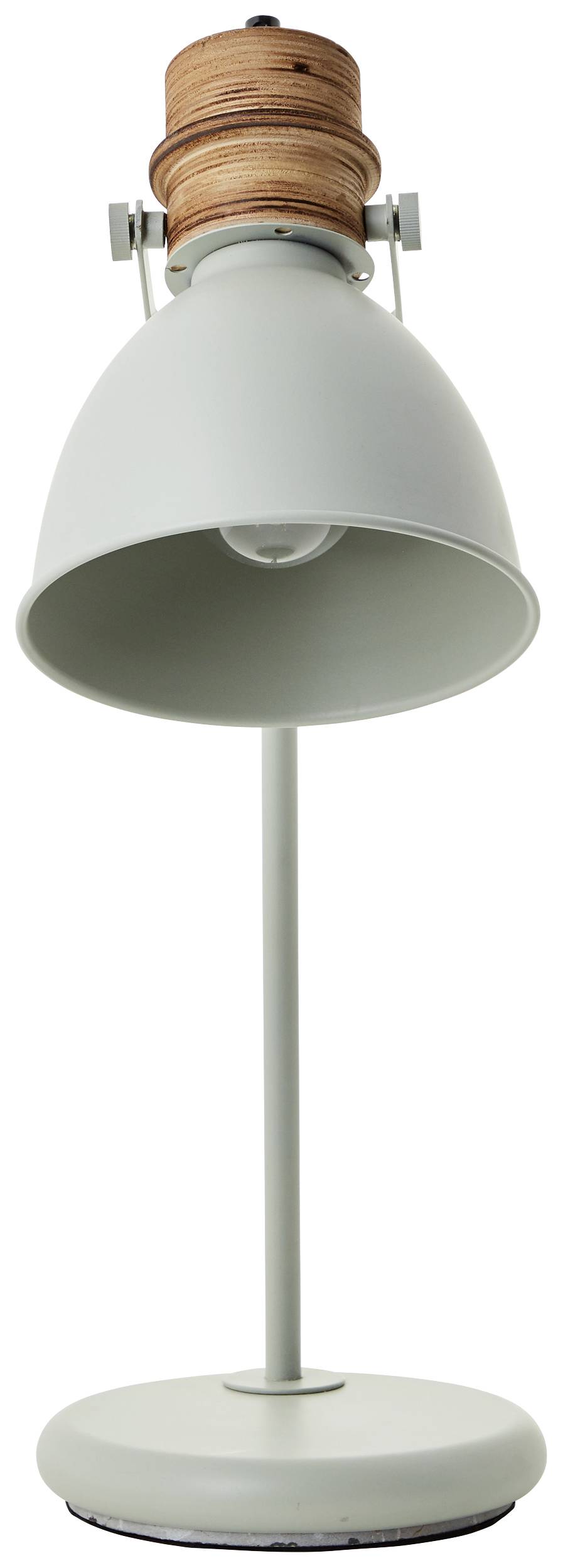 Stehlampe mit weißem Schirm und Holzdetails oben, steht auf einem runden Sockel.