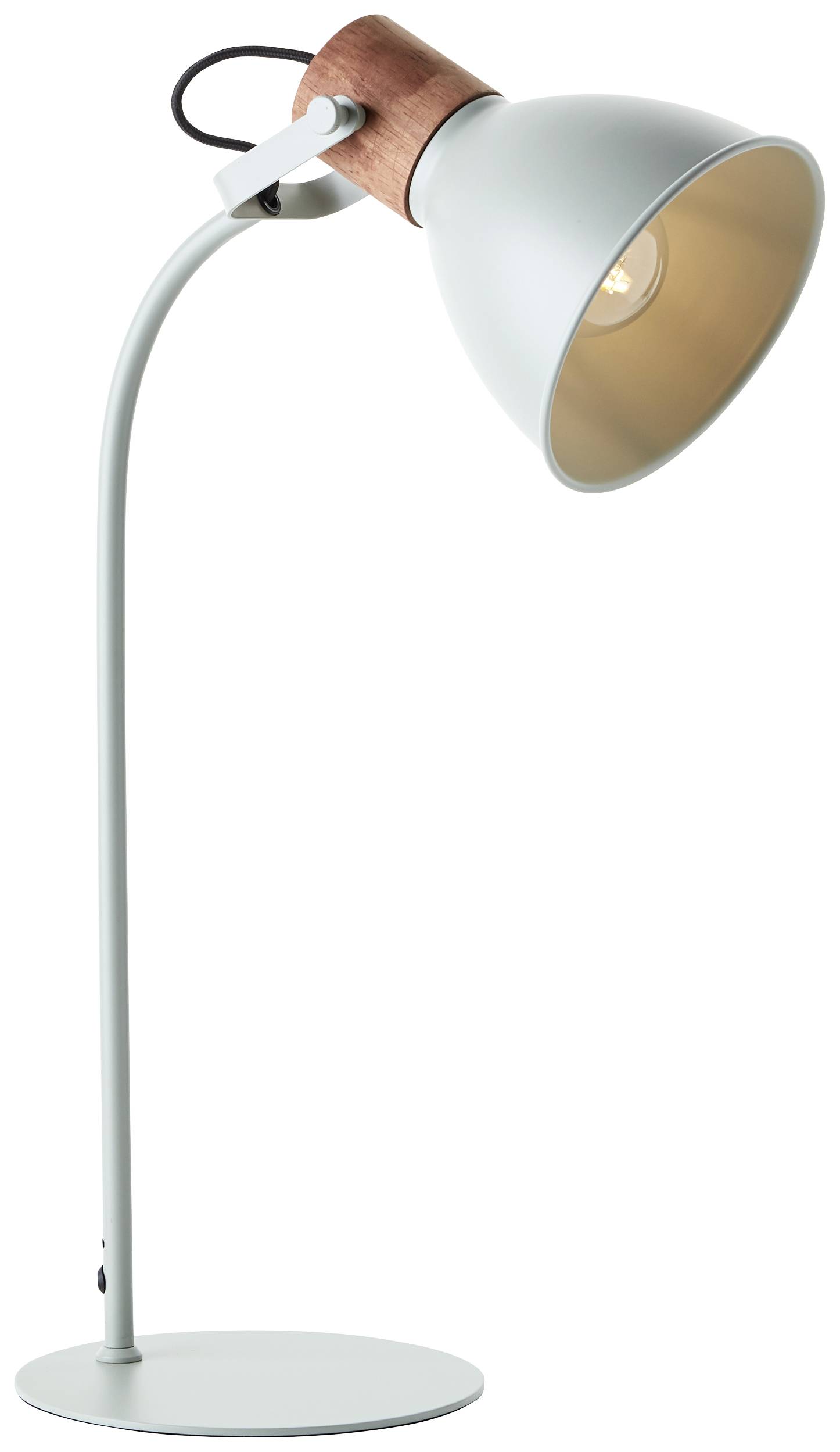 Eine moderne, gebogene Tischlampe mit weißem Schirm und Holzdetail, die eingeschaltet ist. Ideal für Arbeits- oder Leseumgebungen.