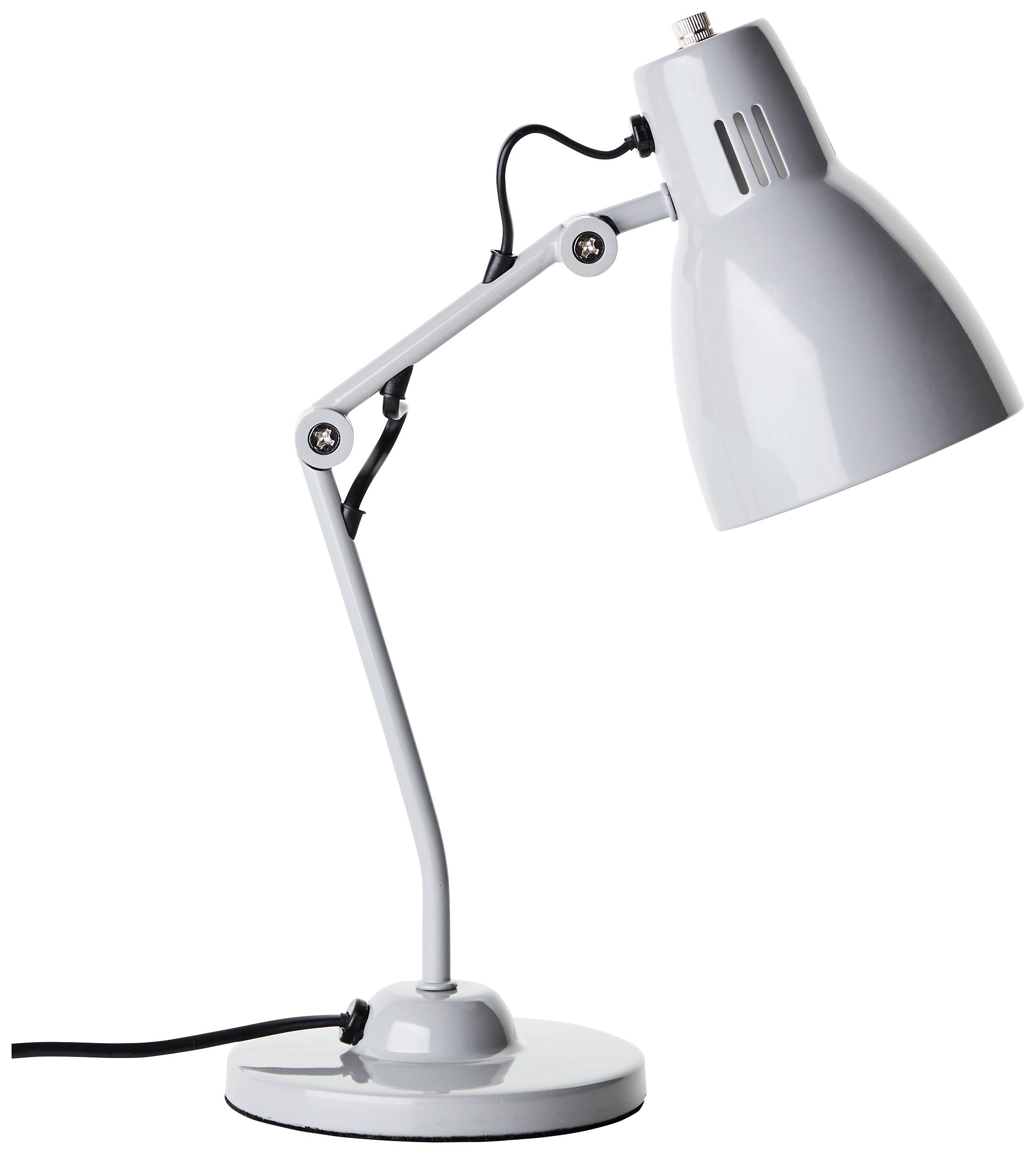 Graue Tischlampe mit einstellbarem Arm und rundem Sockel, angeschlossen mit schwarzem Kabel.