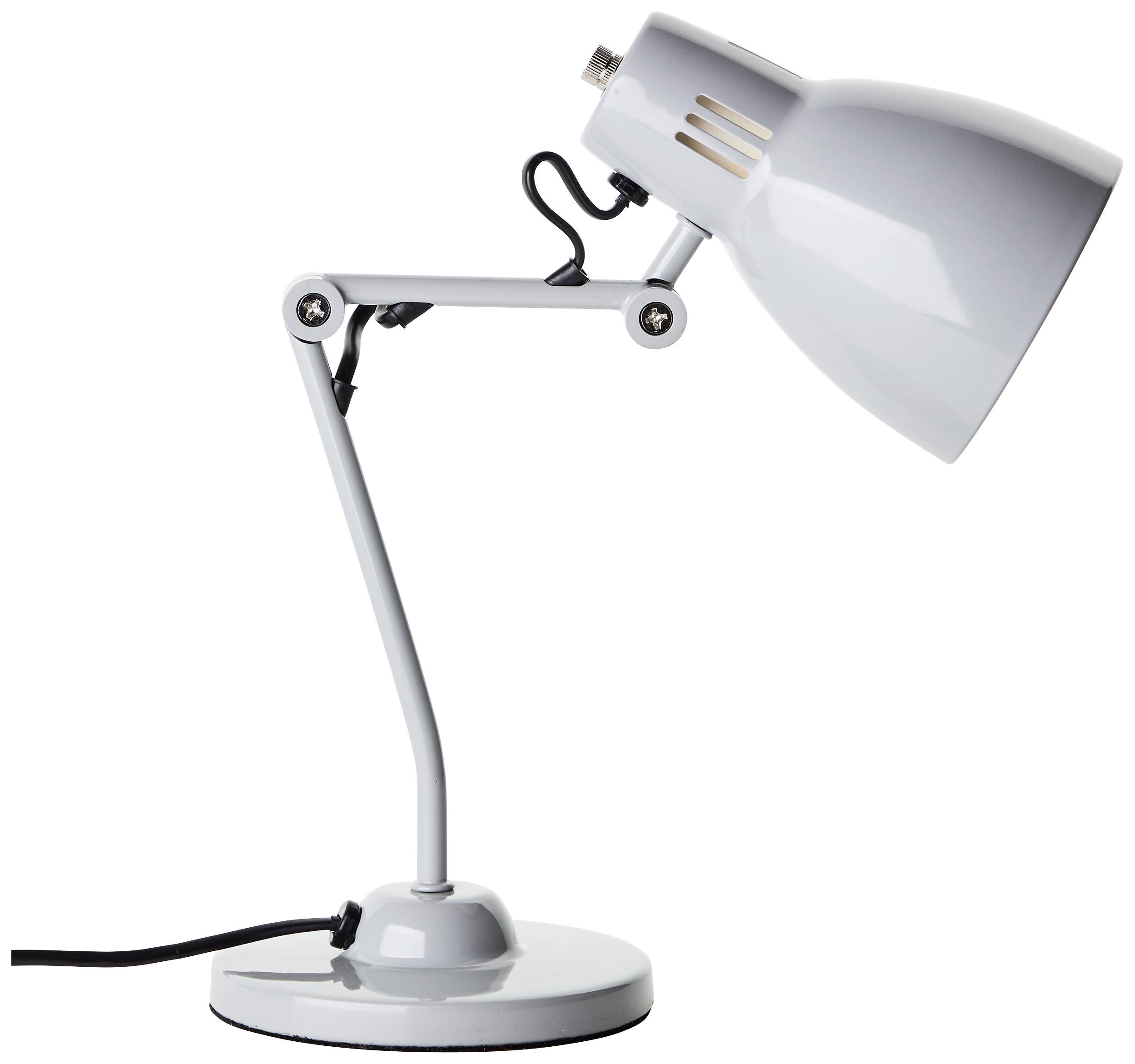 Eine weiße, verstellbare Schreibtischlampe aus Metall mit einem Gelenkarm, die auf einer runden Basis steht. Sie ist ausgeschaltet.