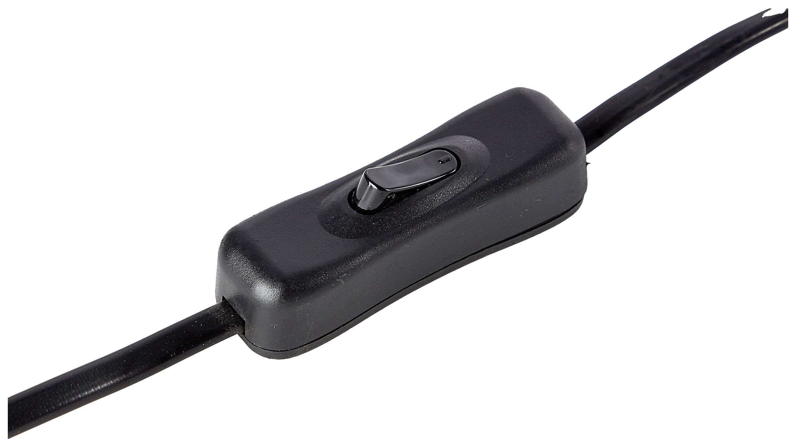 Ein schwarzer Kippschalter auf einem Kabel, der ein- und ausgeschaltet werden kann, möglicherweise für ein elektronisches Gerät.