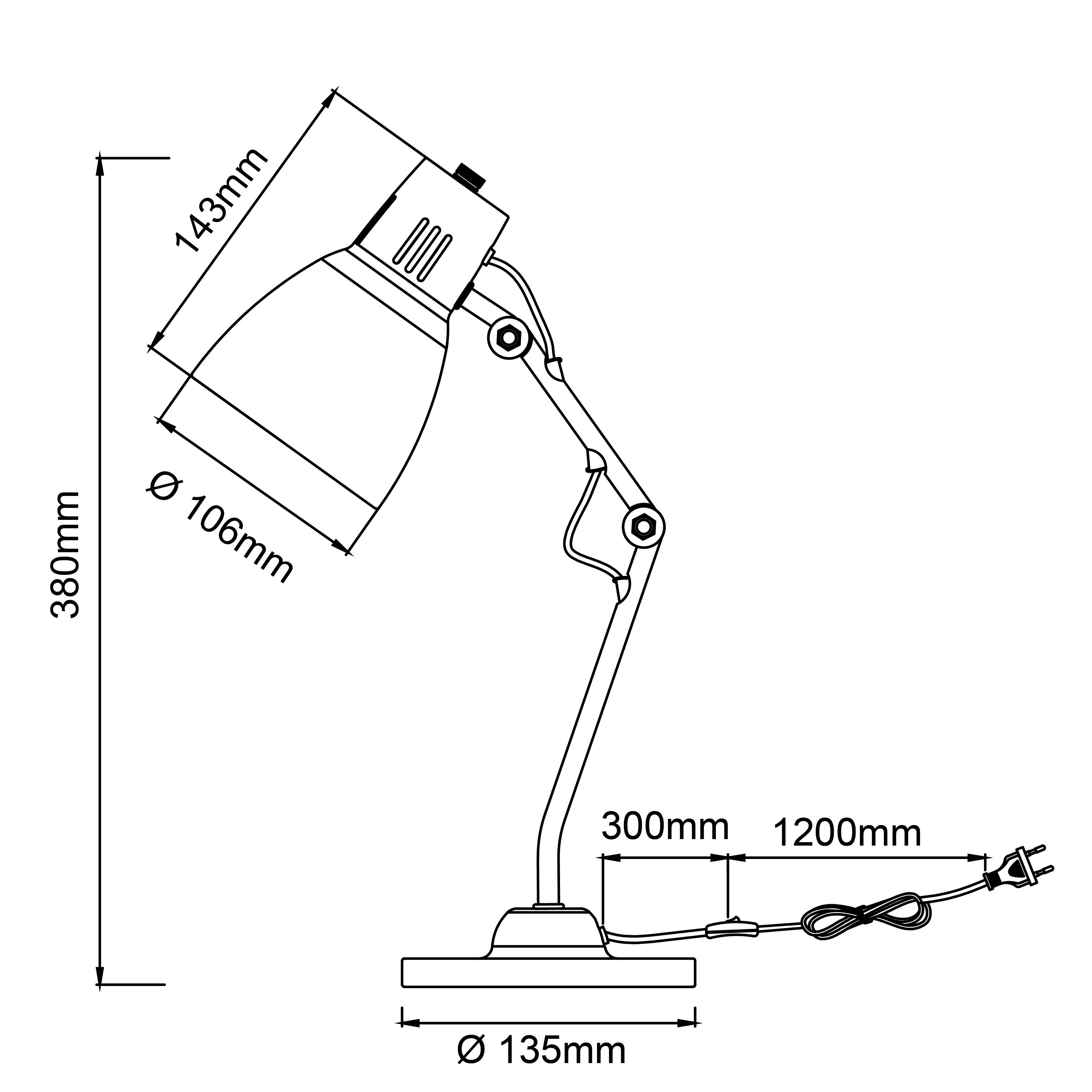 Technische Zeichnung einer verstellbaren Tischleuchte mit Maßen in Millimetern: Höhe 380, Lampenschirm-Durchmesser 106, Sockel-Ø 135.