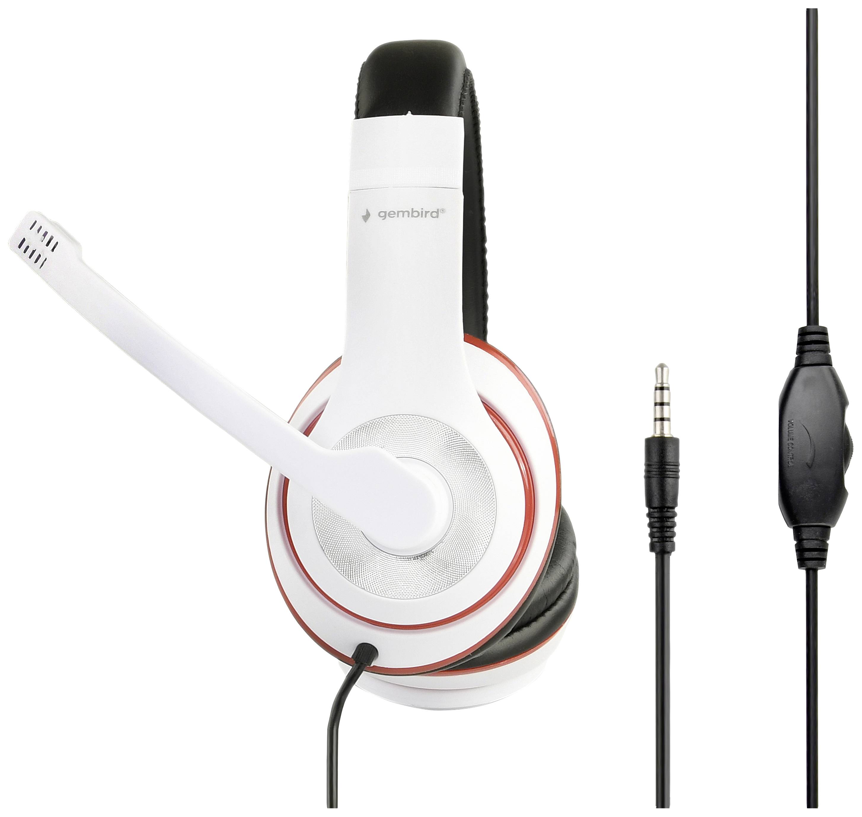 Ein weißes Gaming-Headset mit Mikrofon und schwarzem Polster, daneben ein 3,5-mm-Klinkenstecker und Kabel mit Lautstärkeregler.