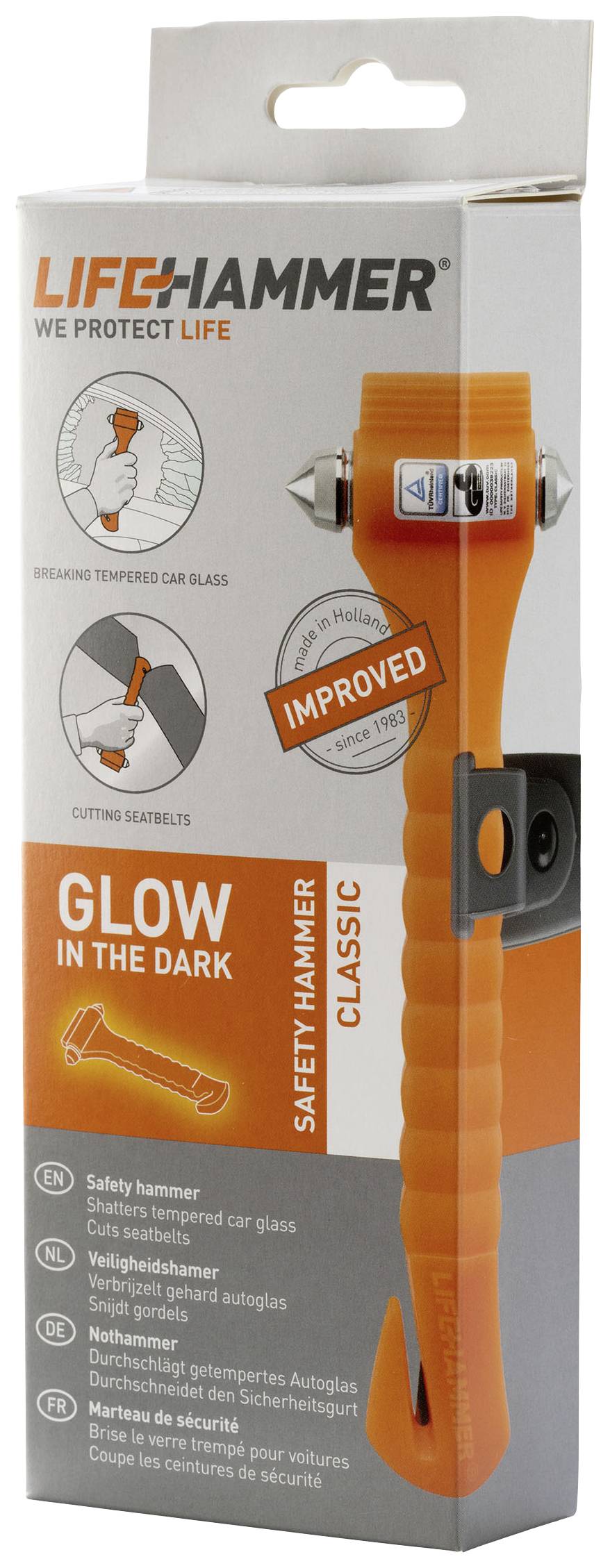 LifeHammer Marteau D'urgence Brise-vitre Et Coupe-ceinture - Orange Phosphorescent - Pour Voiture, Bus, Camping-car