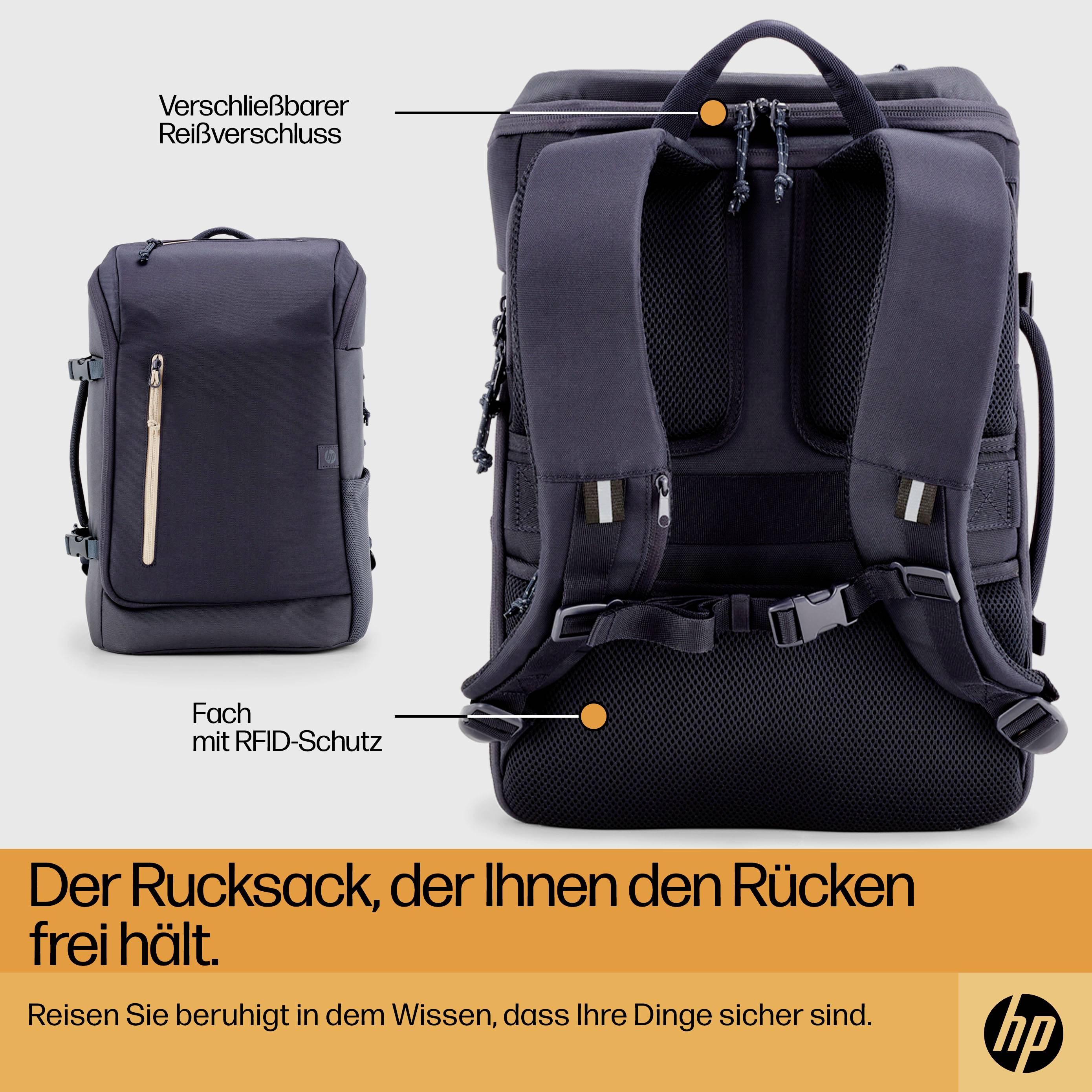 Rucksack mit verschließbarem Reißverschluss und RFID-geschütztem Fach. Text: 'Der Rucksack, der Ihnen den Rücken frei hält.'