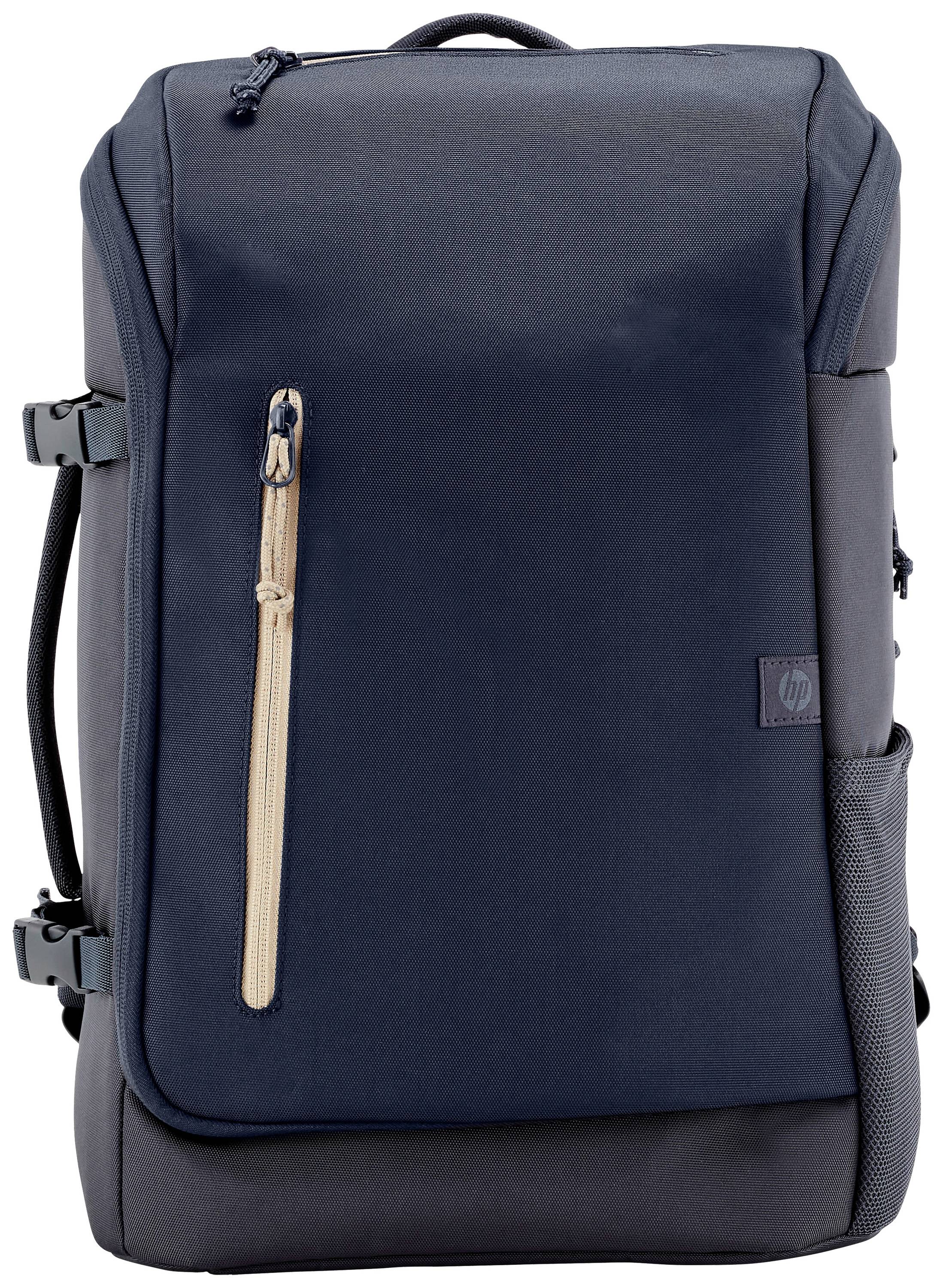 Dunkelblauer Rucksack mit Vordertasche und Reißverschluss, seitlichen Verschlüssen und einer kleinen Seitentasche.
